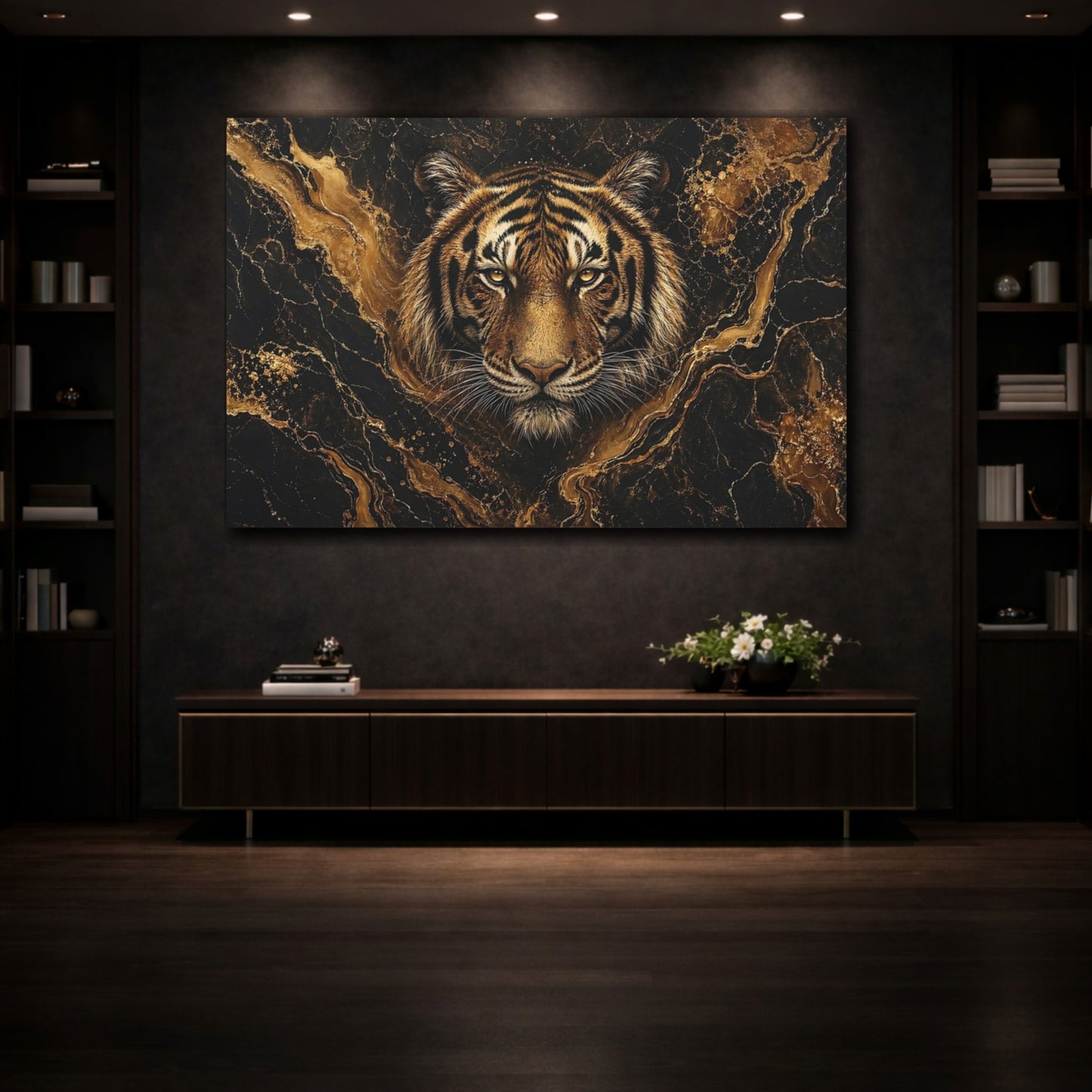 Mockup 3. Animals Tiger Black And Gold shown as stretched canvas wall art
