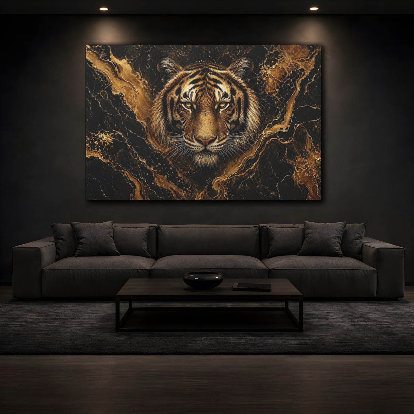 Mockup 4. Animals Tiger Black And Gold shown as stretched canvas wall art