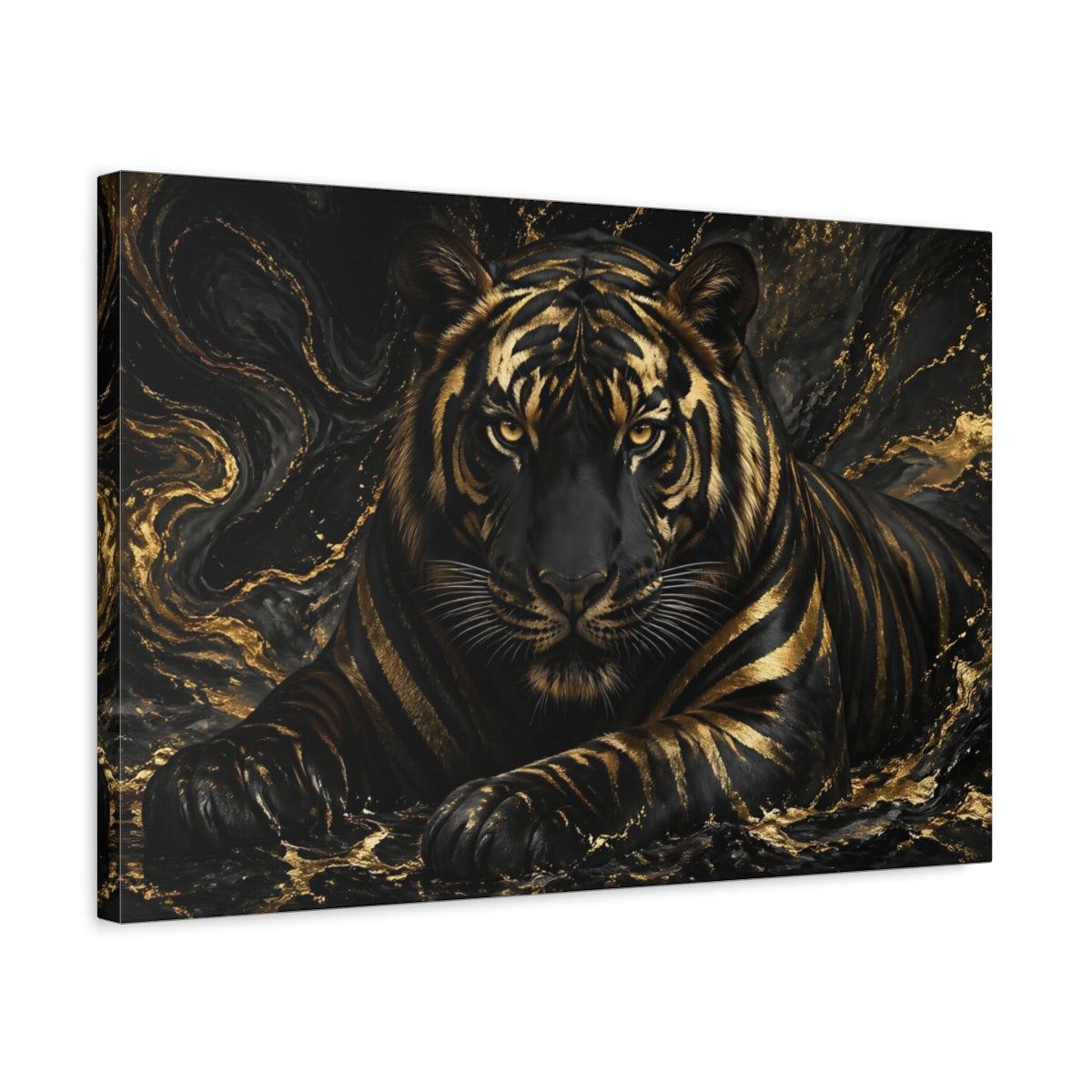 Side Mockup 3. Animals Tiger Black Gold Tiger shown as stretched canvas wall art