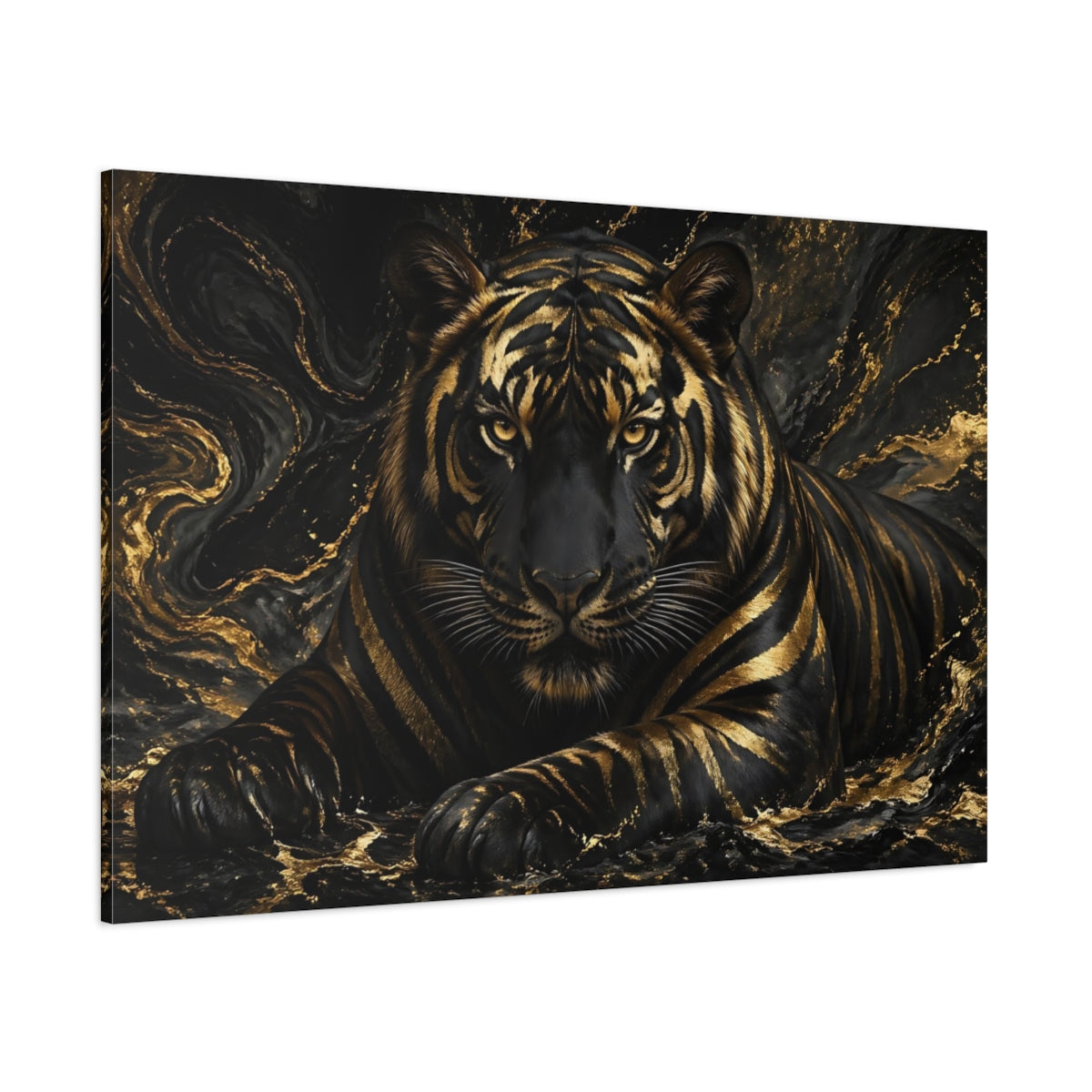 Side Mockup 1. Animals Tiger Black Gold Tiger shown as stretched canvas wall art