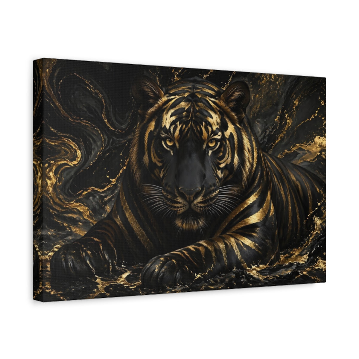 Side Mockup 4. Animals Tiger Black Gold Tiger shown as stretched canvas wall art