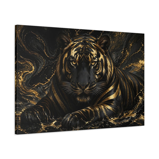 Main Mockup. Animals Tiger Black Gold Tiger shown as stretched canvas wall art