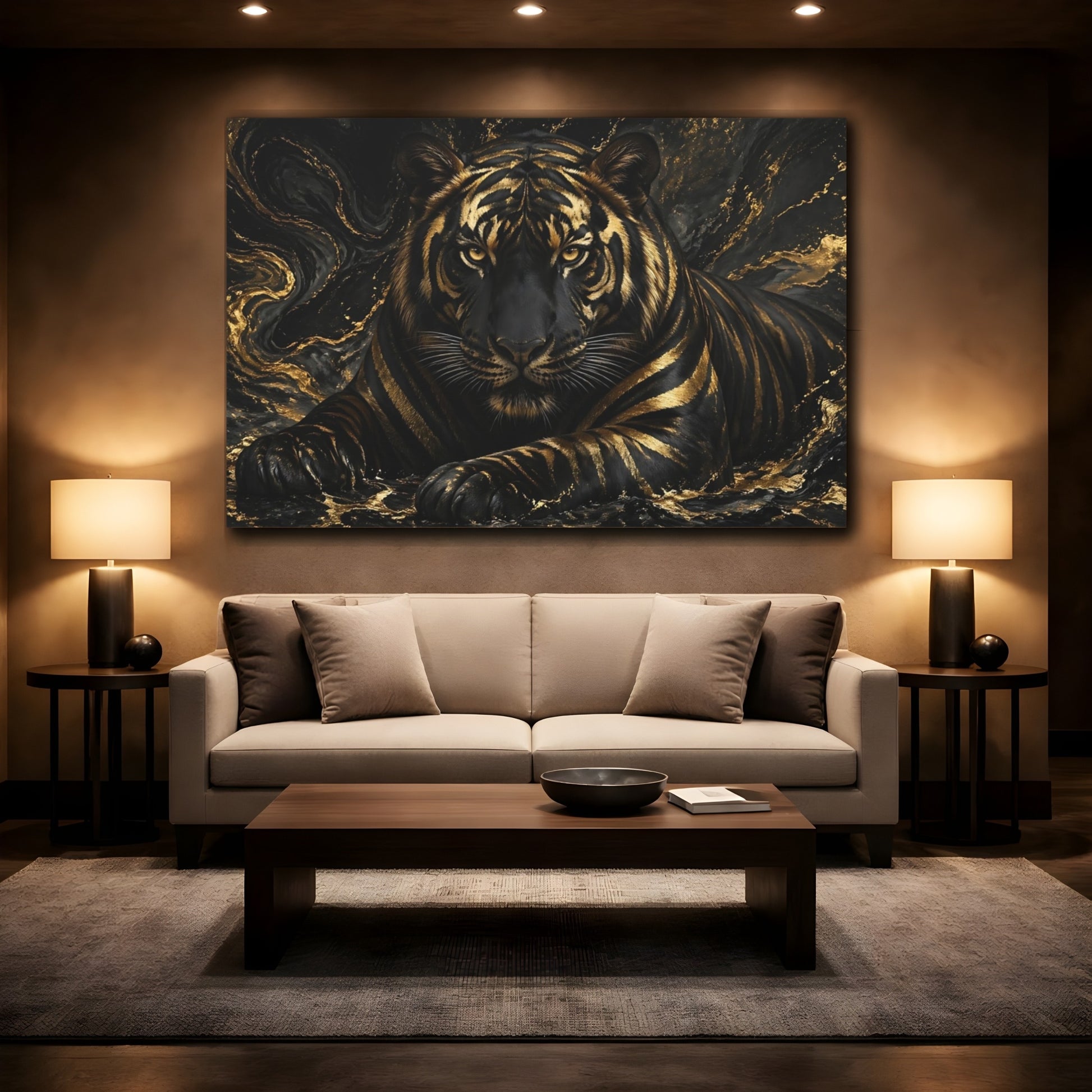 Mockup 2. Animals Tiger Black Gold Tiger shown as stretched canvas wall art