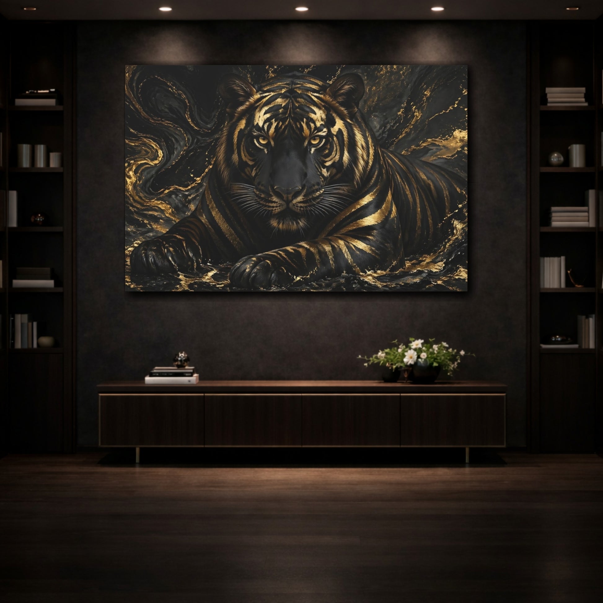 Mockup 3. Animals Tiger Black Gold Tiger shown as stretched canvas wall art