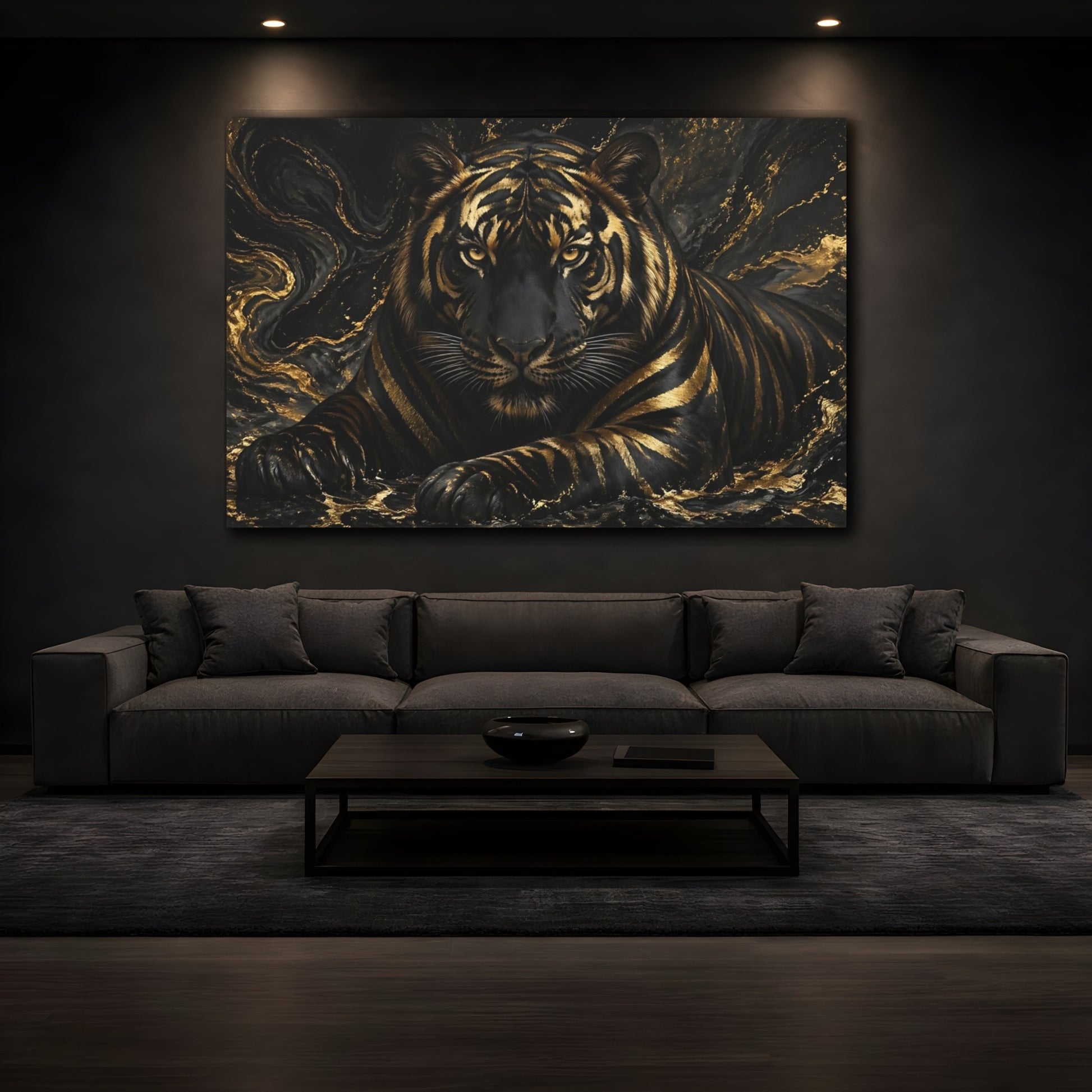 Mockup 4. Animals Tiger Black Gold Tiger shown as stretched canvas wall art