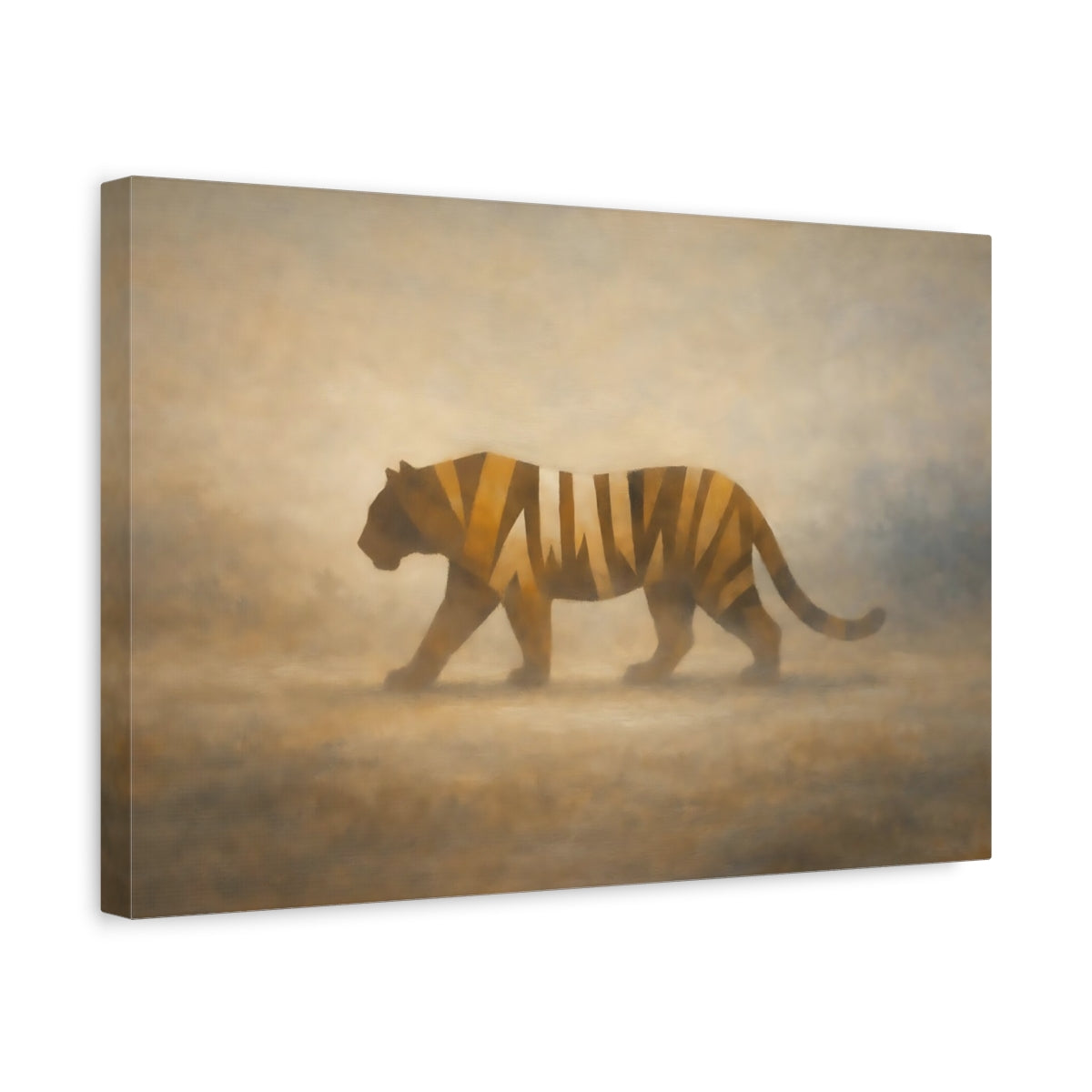 Side Mockup 4. Animals Tiger Brown And Gold shown as stretched canvas wall art