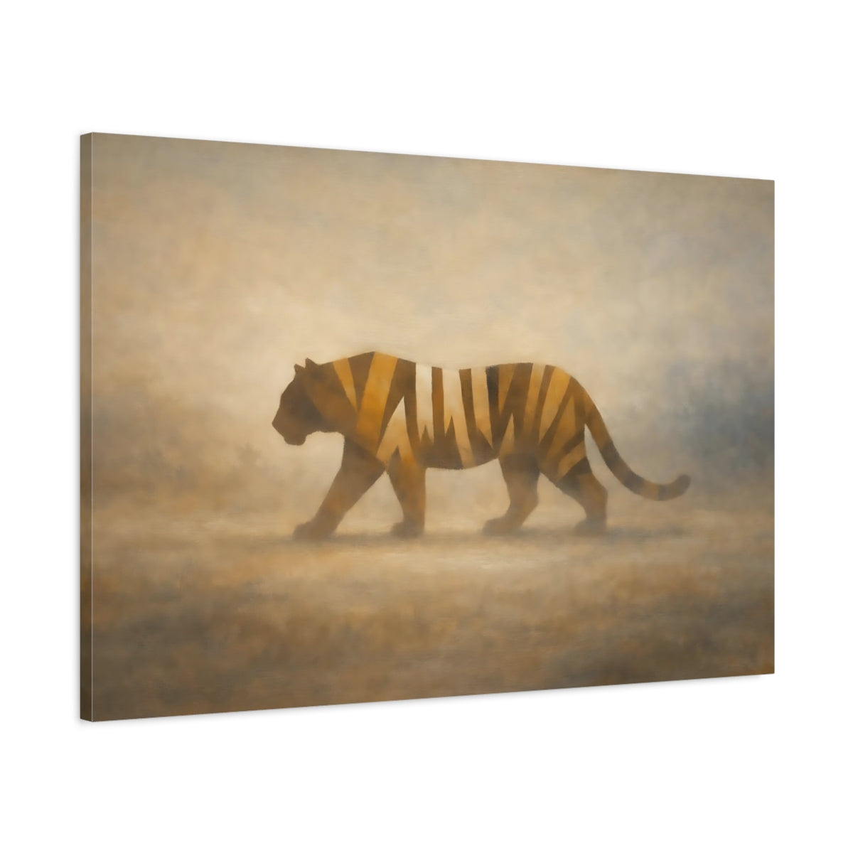 Side Mockup 1. Animals Tiger Brown And Gold shown as stretched canvas wall art