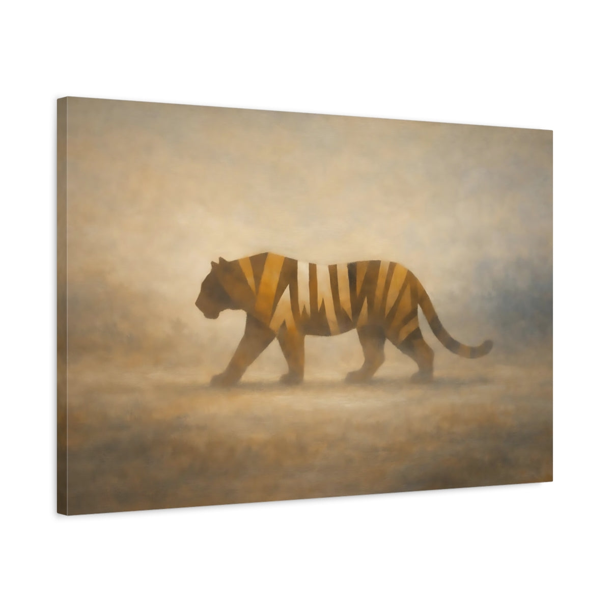 Side Mockup 2. Animals Tiger Brown And Gold shown as stretched canvas wall art