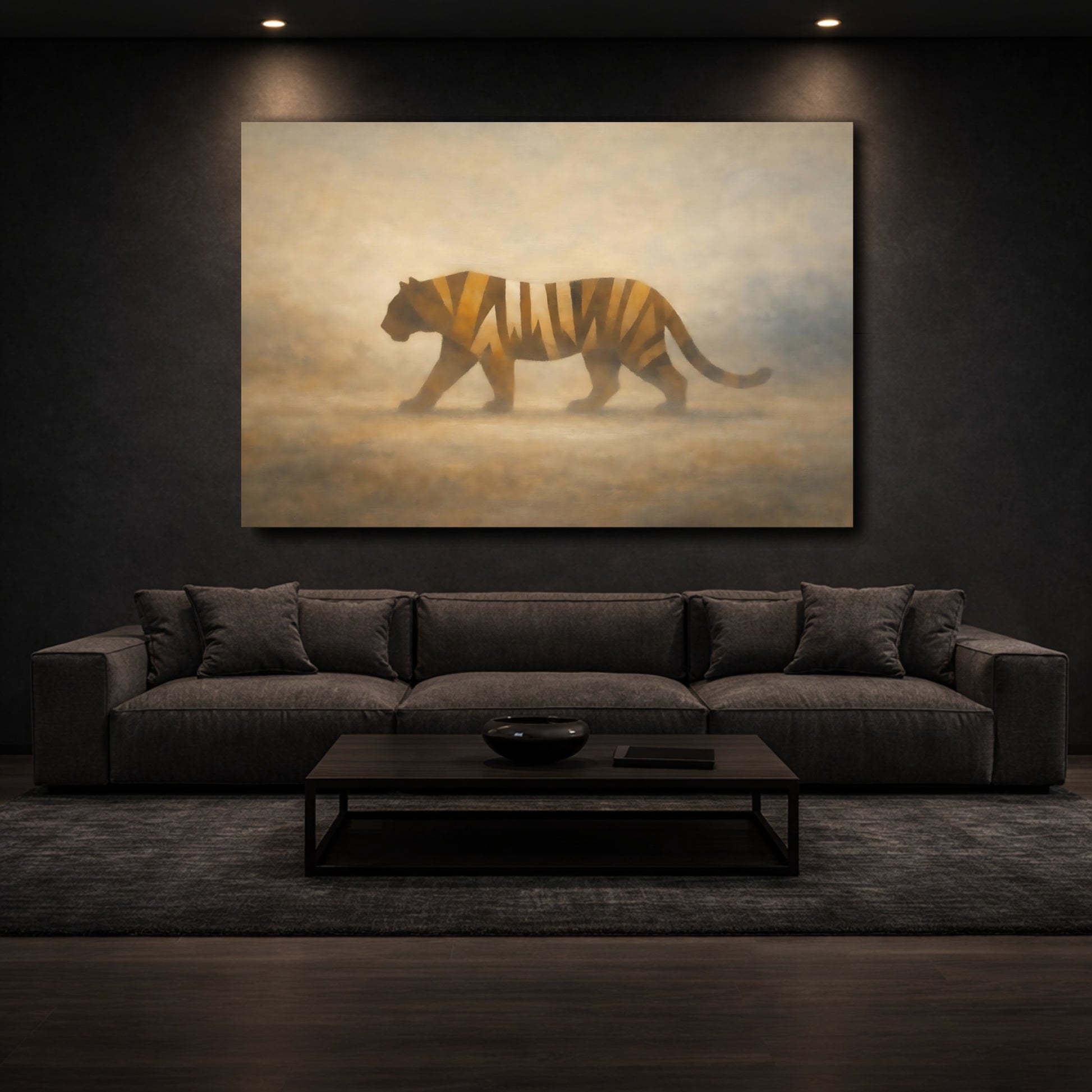 Mockup 2. Animals Tiger Brown And Gold shown as stretched canvas wall art
