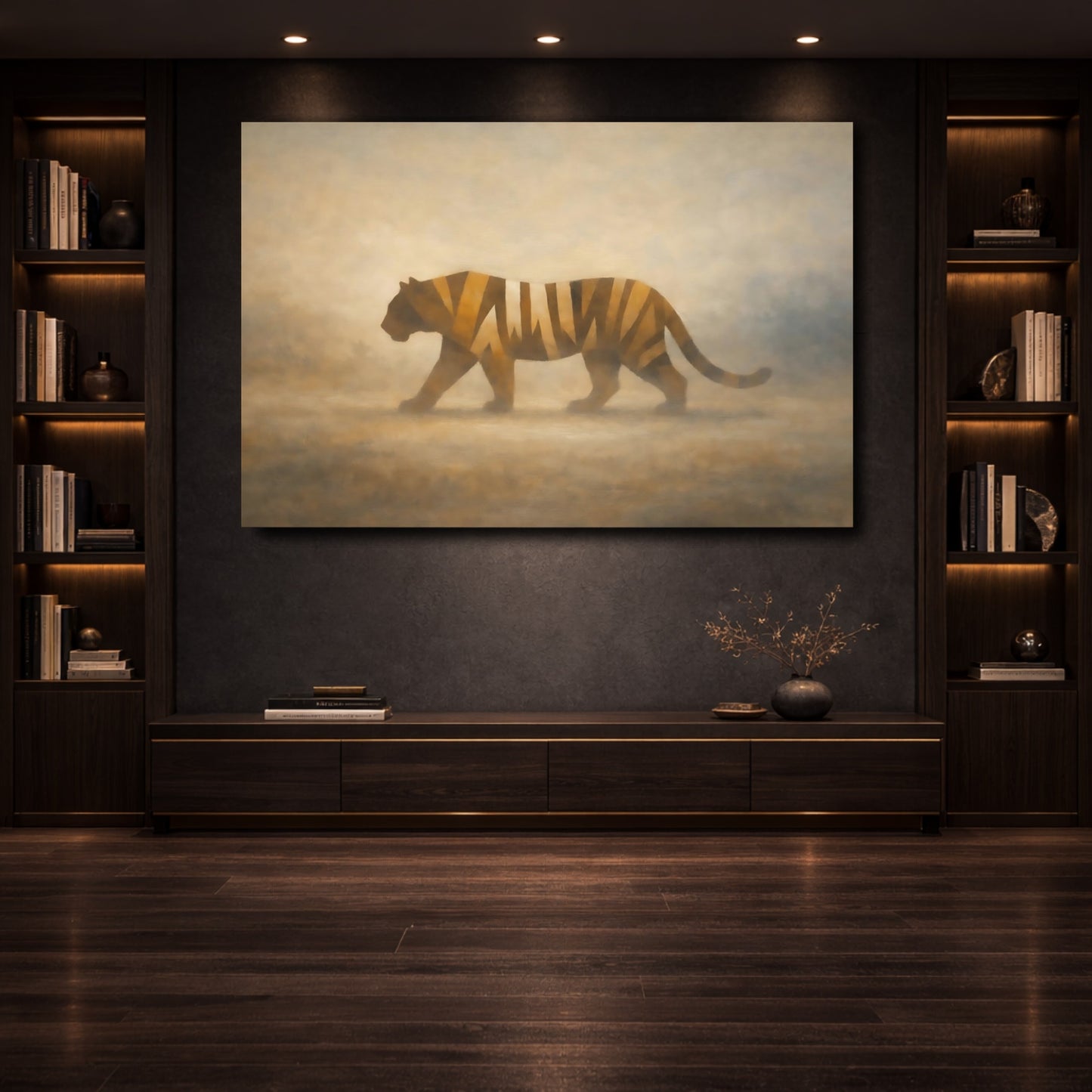 Mockup 3. Animals Tiger Brown And Gold shown as stretched canvas wall art