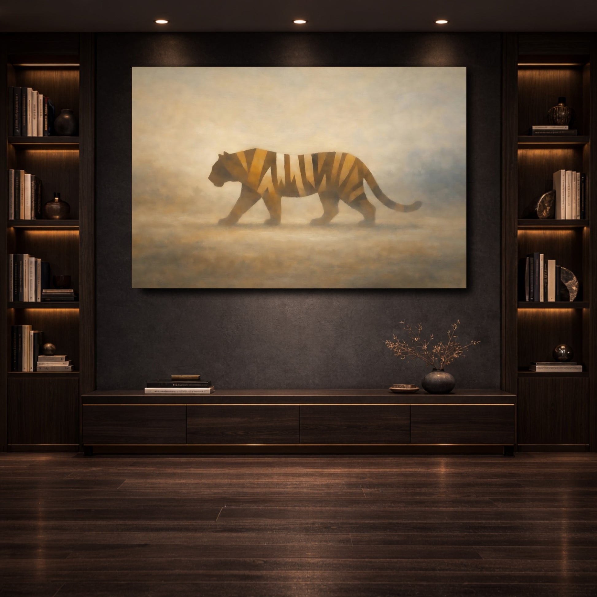 Mockup 3. Animals Tiger Brown And Gold shown as stretched canvas wall art
