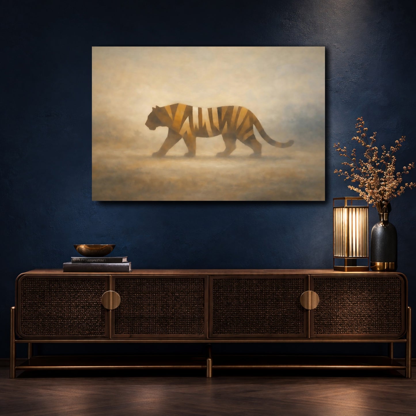Mockup 4. Animals Tiger Brown And Gold shown as stretched canvas wall art