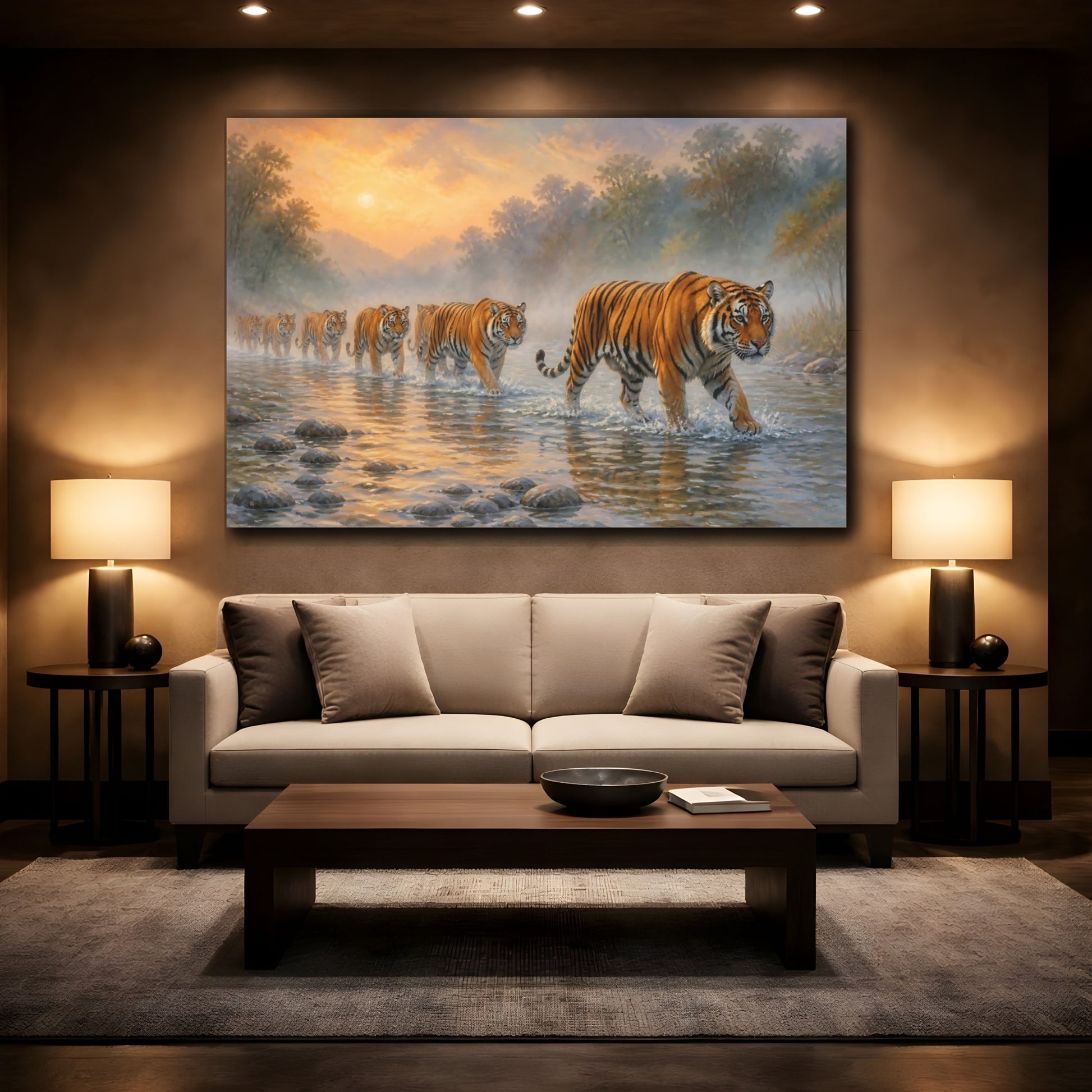 Mockup 2. Animals Tiger Crossing The River shown as canvas print