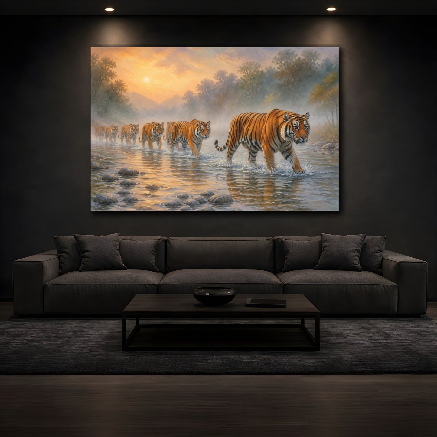 Mockup 3. Animals Tiger Crossing The River shown as canvas print