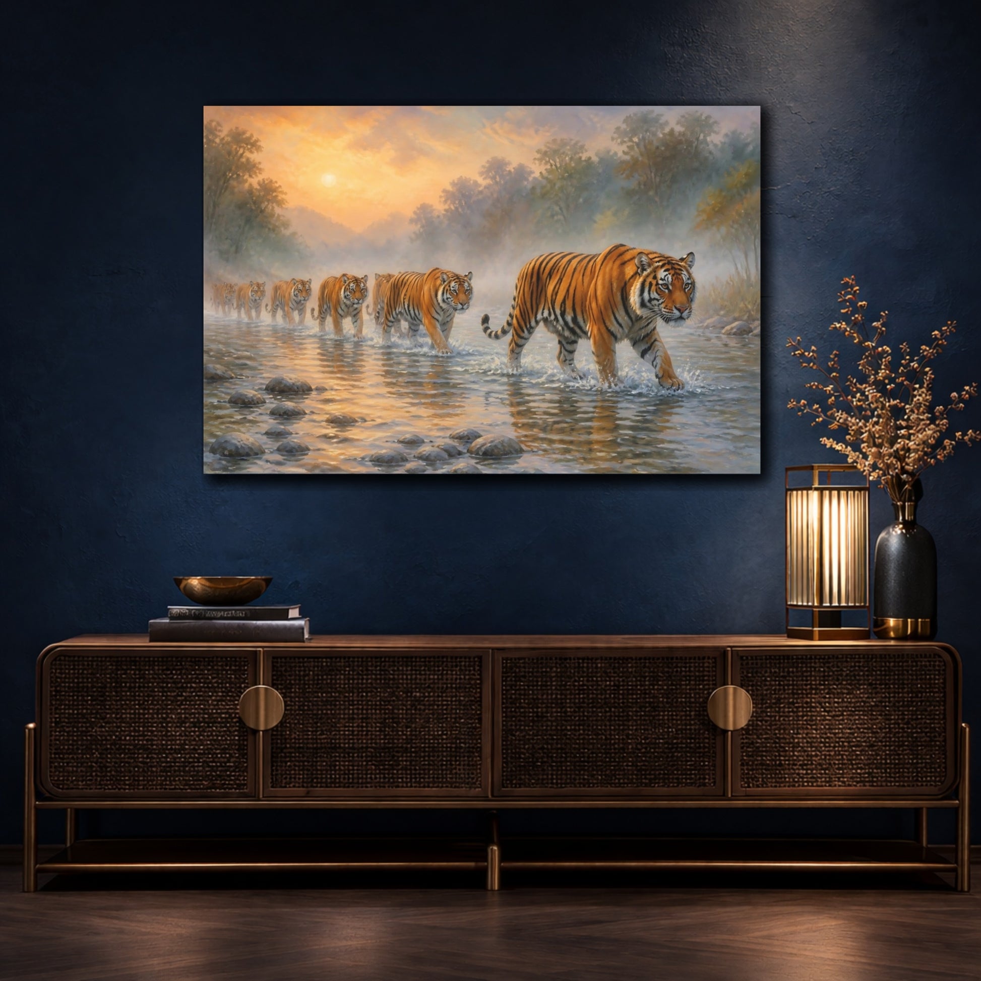 Mockup 4. Animals Tiger Crossing The River shown as canvas print
