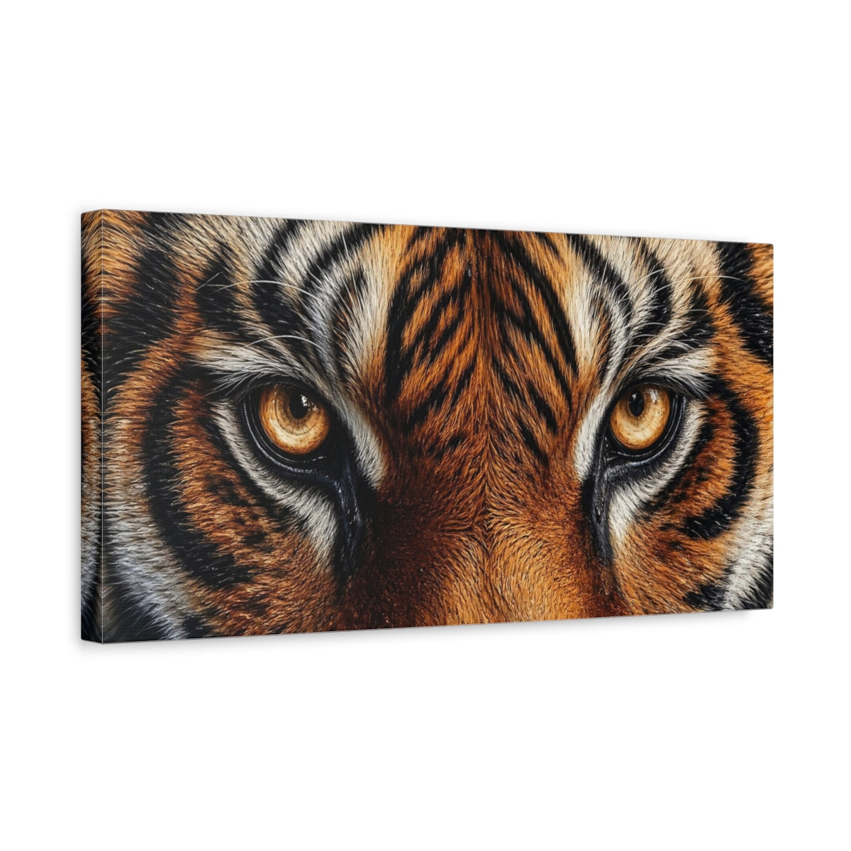 Side Mockup 3. Animals Tiger Eyes Tiger Orange Black shown as stretched canvas wall art