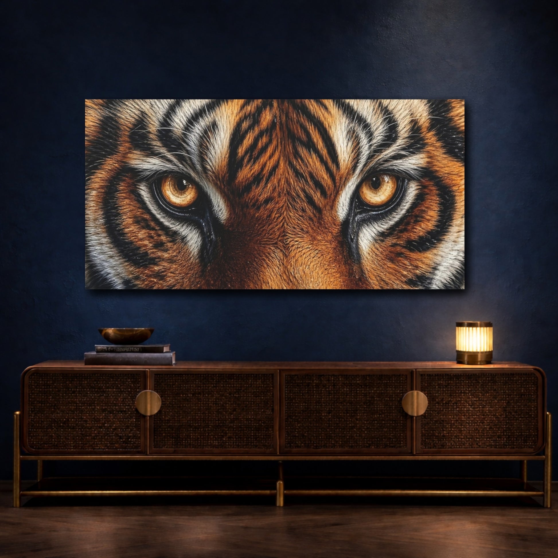 Mockup 3. Animals Tiger Eyes Tiger Orange Black shown as stretched canvas wall art