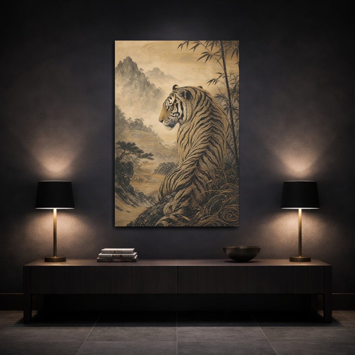 Animals Tiger Gold And Black Canvas Print – Living Room, Above Sofa - YesArtYes
