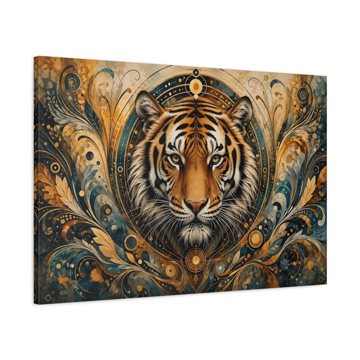Main Mockup. Animals Tiger Gold And Teal shown as stretched canvas wall art
