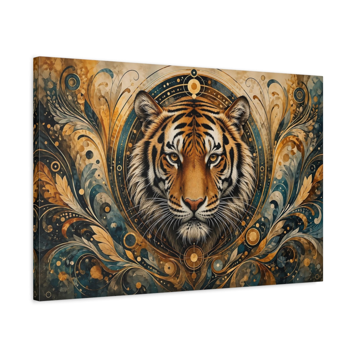 Side Mockup 2. Animals Tiger Gold And Teal shown as stretched canvas wall art