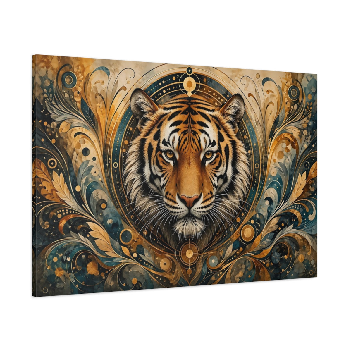 Side Mockup 1. Animals Tiger Gold And Teal shown as stretched canvas wall art