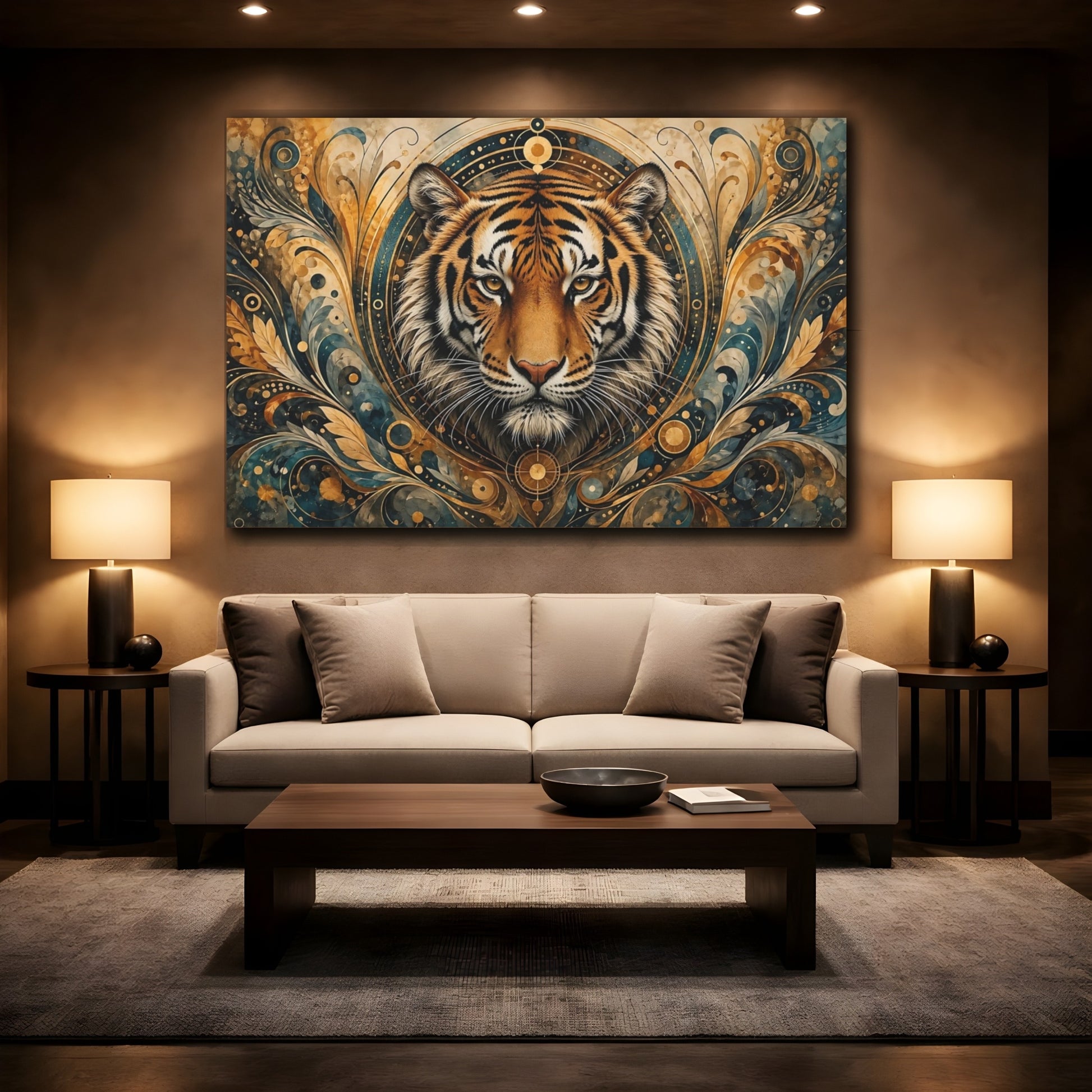 Mockup 2. Animals Tiger Gold And Teal shown as stretched canvas wall art