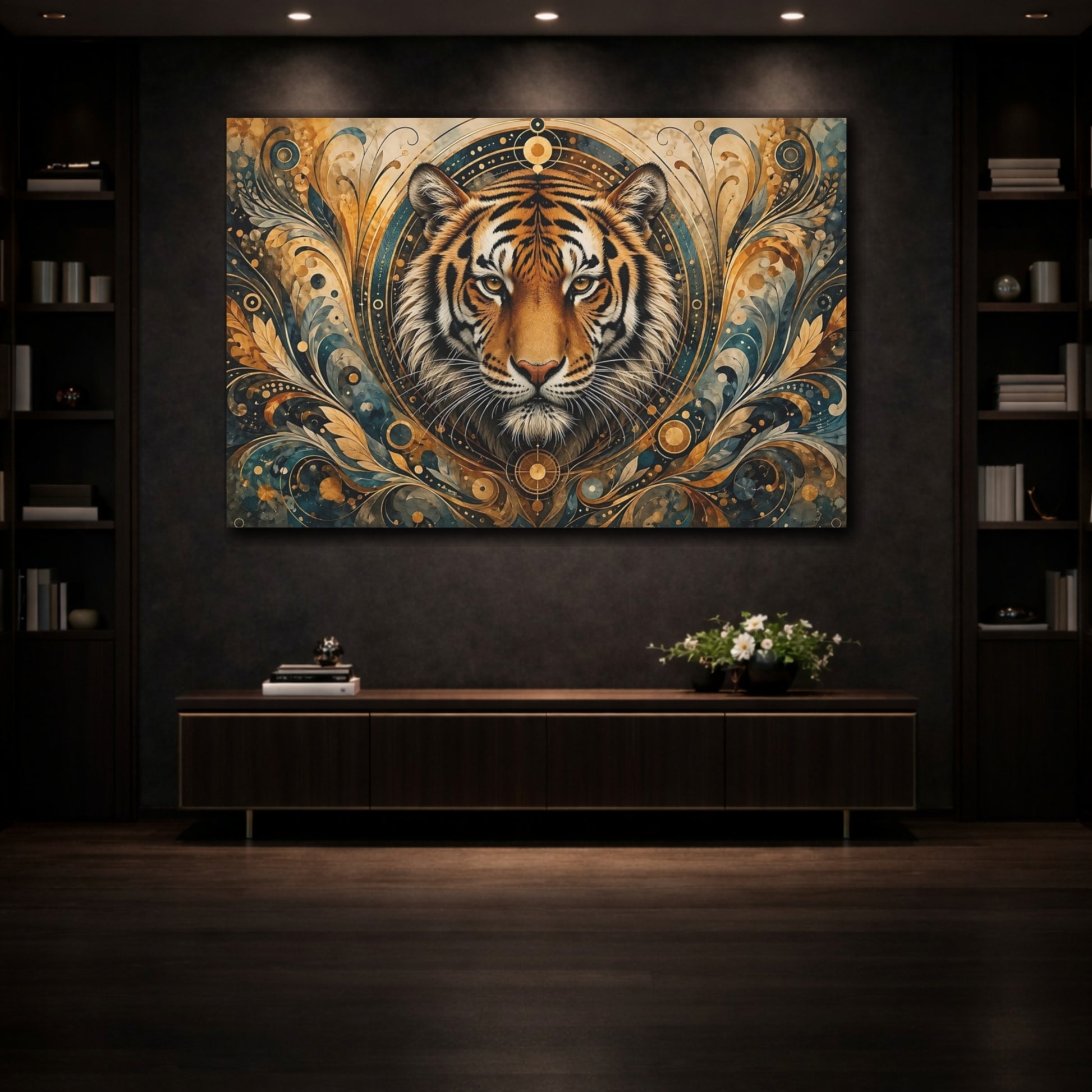 Mockup 3. Animals Tiger Gold And Teal shown as stretched canvas wall art