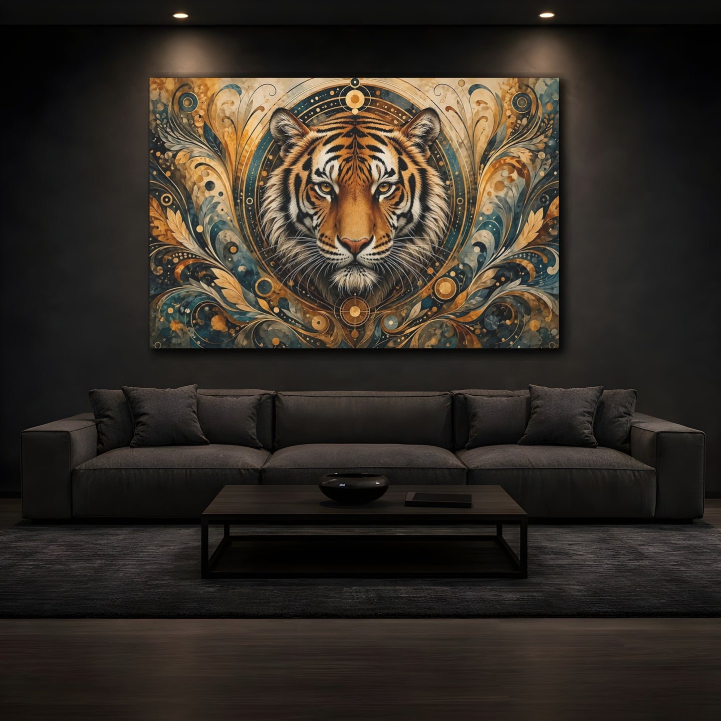 Mockup 4. Animals Tiger Gold And Teal shown as stretched canvas wall art
