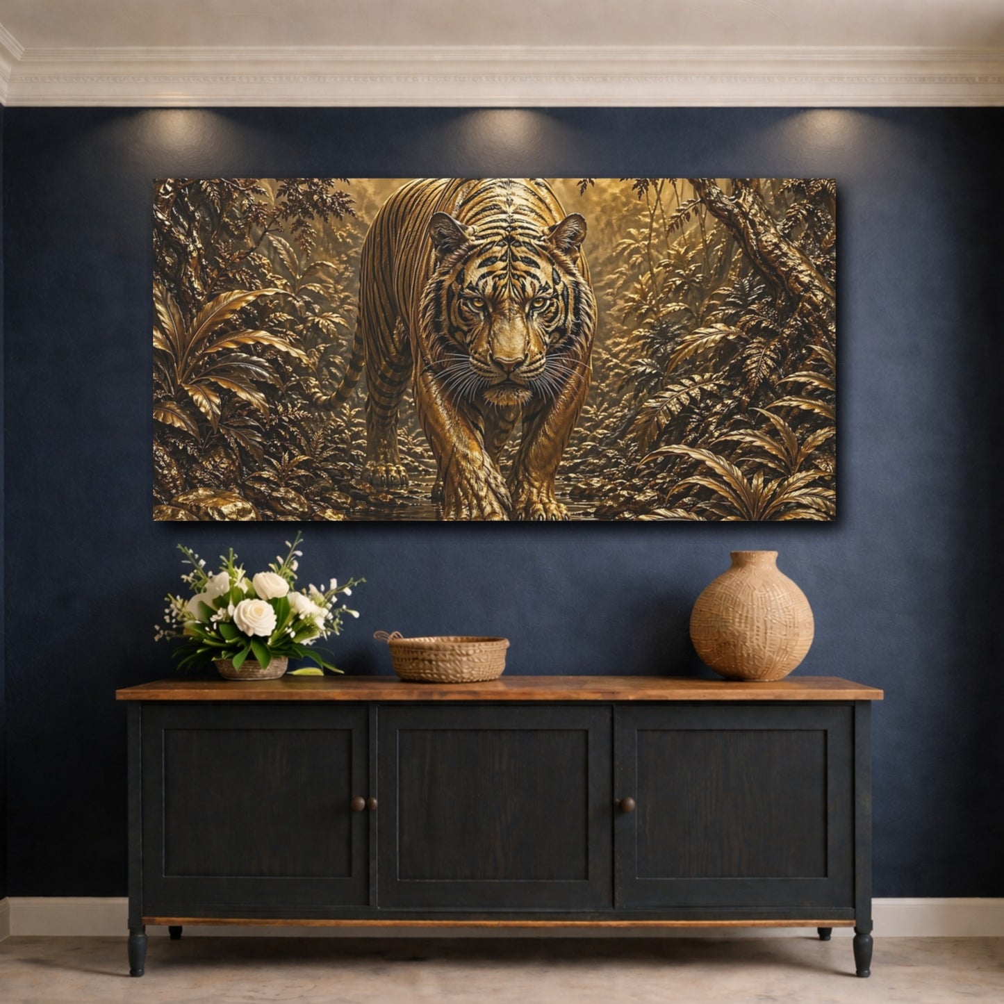 Mockup 4. Animals Tiger Golden Jungle Tiger shown as stretched canvas wall art
