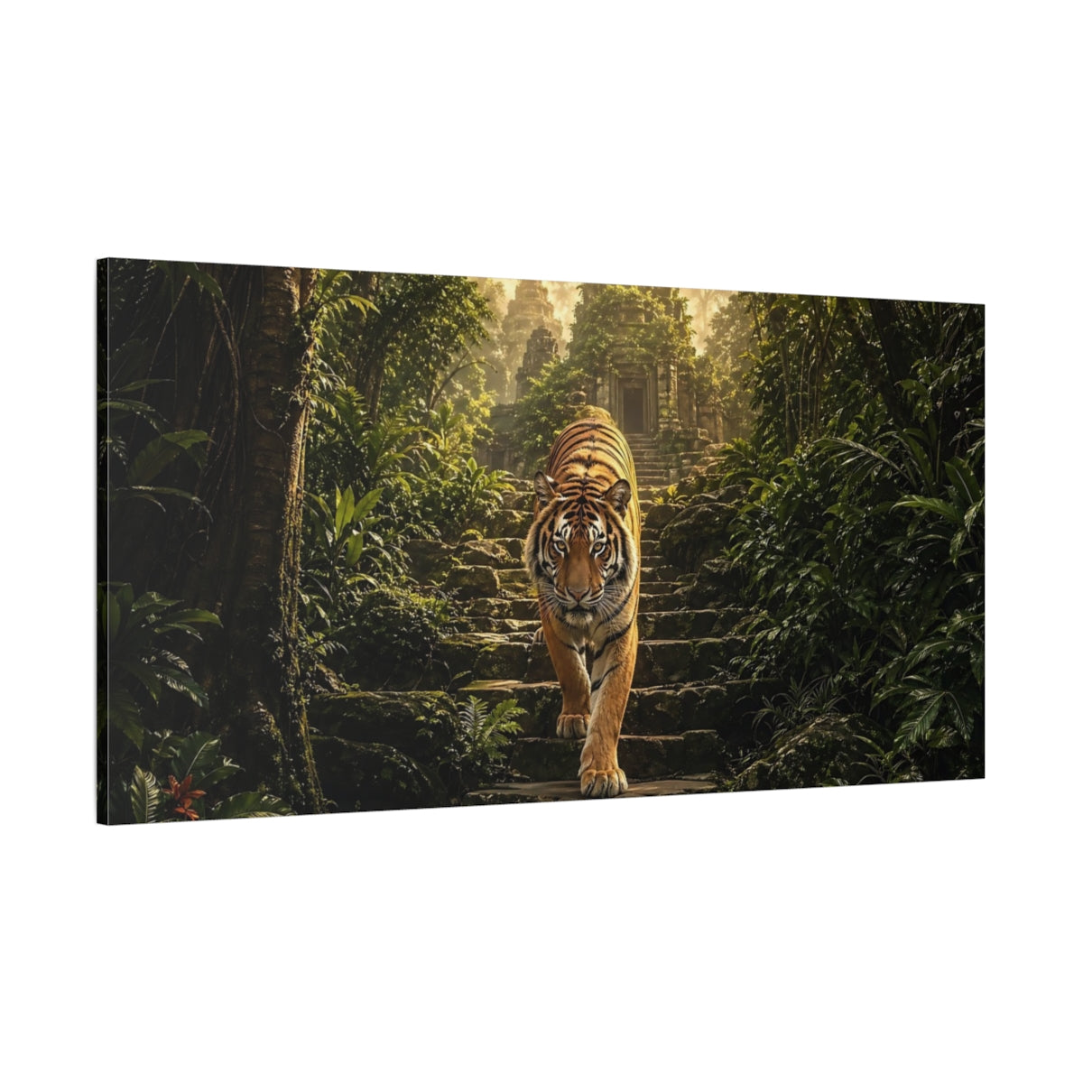 Side Mockup 2. Animals Tiger Green And Orange shown as stretched canvas wall art