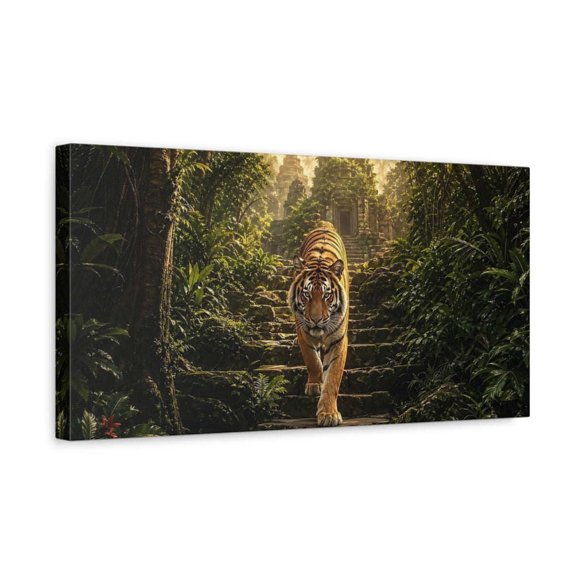 Side Mockup 3. Animals Tiger Green And Orange shown as stretched canvas wall art