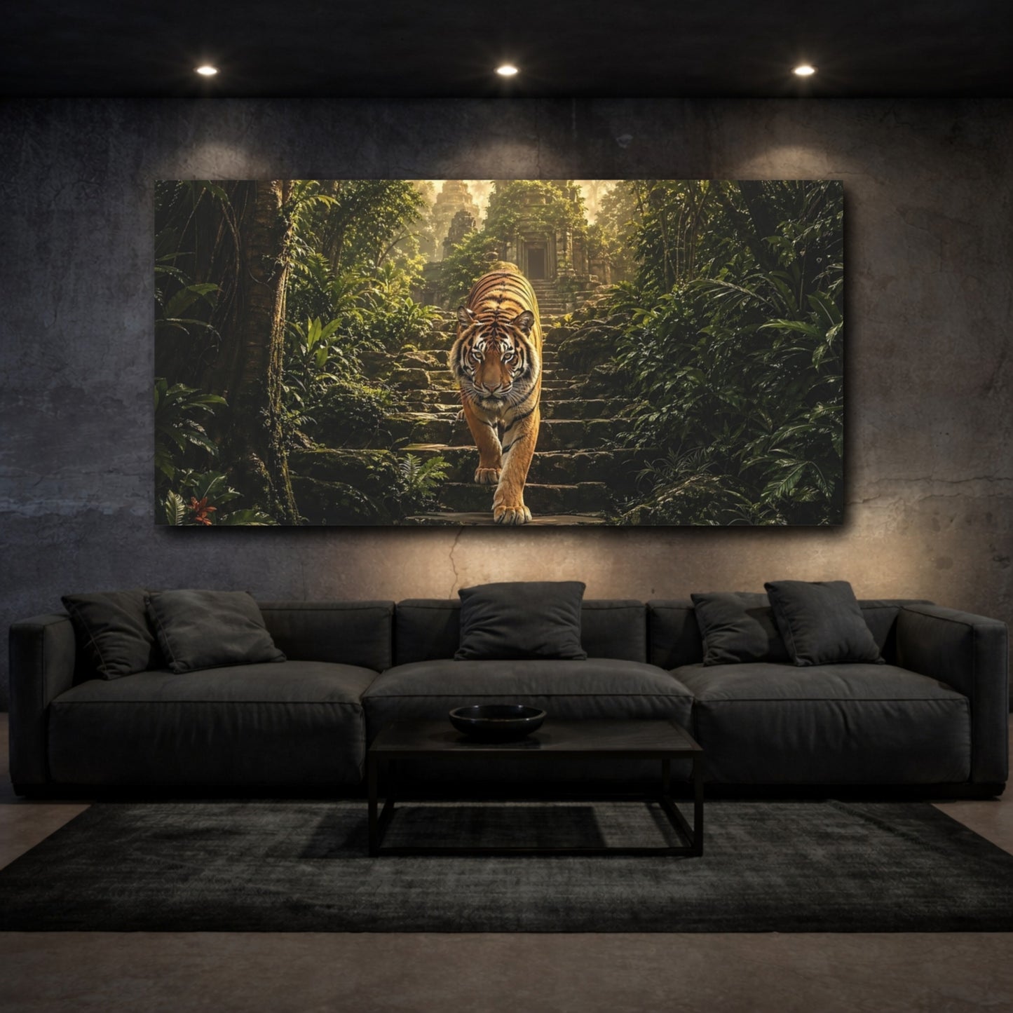 Mockup 2. Animals Tiger Green And Orange shown as stretched canvas wall art