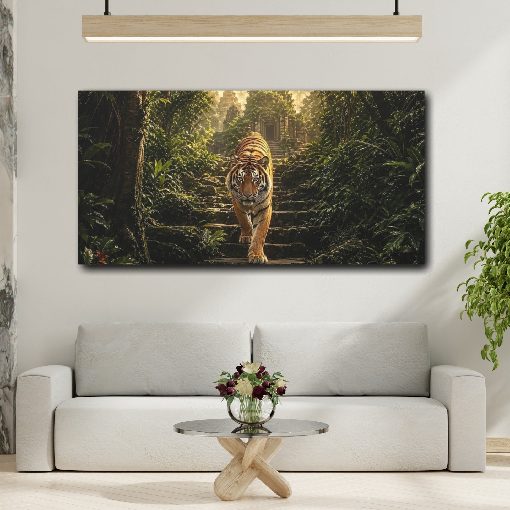 Mockup 3. Animals Tiger Green And Orange shown as stretched canvas wall art