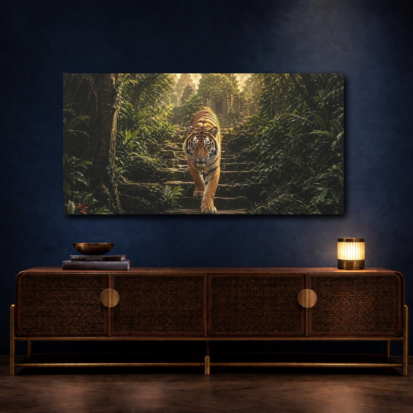Mockup 4. Animals Tiger Green And Orange shown as stretched canvas wall art