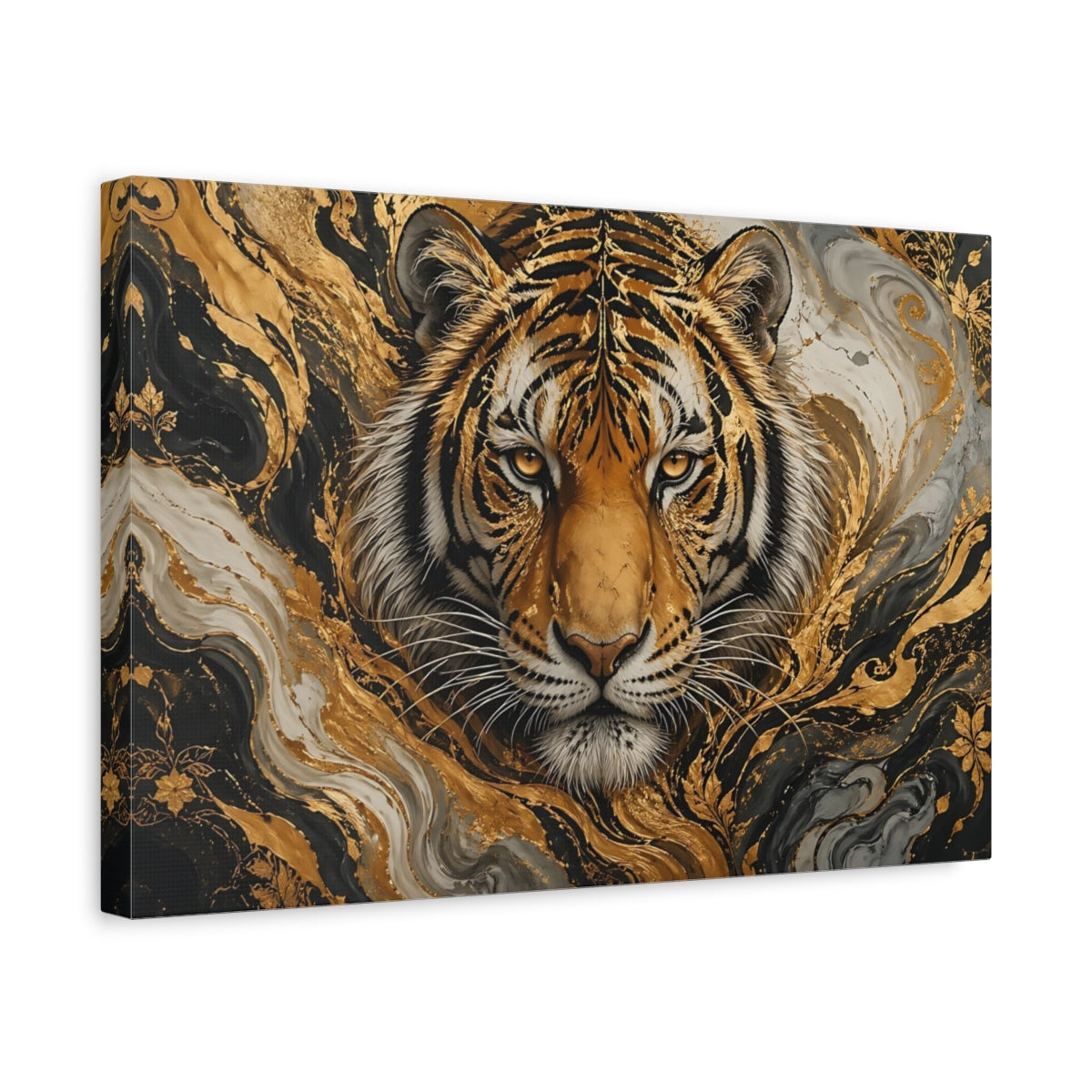 Side Mockup 4. Animals Tiger Head Black Gold Tiger shown as stretched canvas wall art