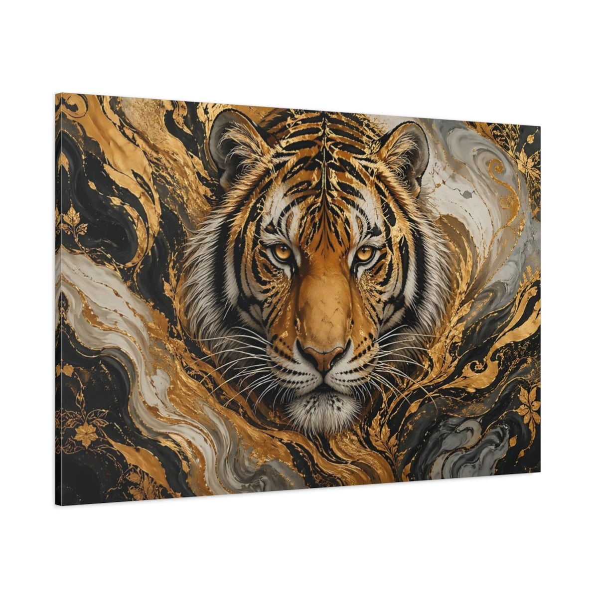 Side Mockup 1. Animals Tiger Head Black Gold Tiger shown as stretched canvas wall art