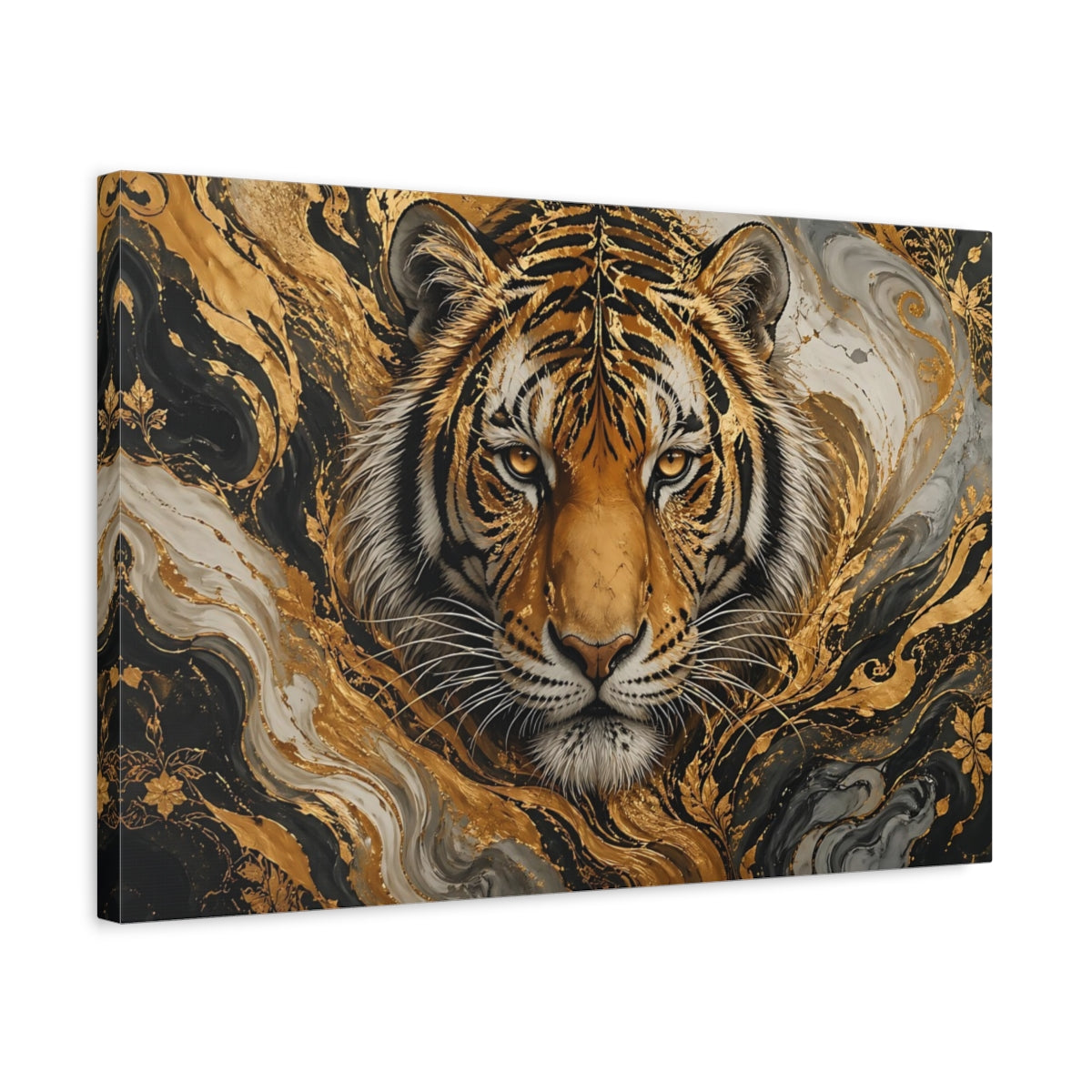 Side Mockup 3. Animals Tiger Head Black Gold Tiger shown as stretched canvas wall art