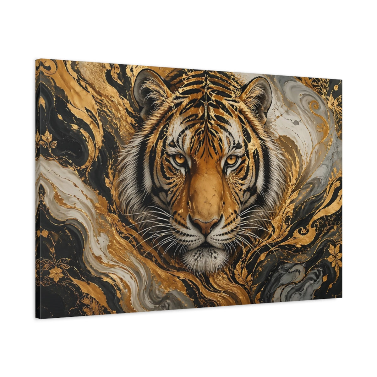 Main Mockup. Animals Tiger Head Black Gold Tiger shown as stretched canvas wall art