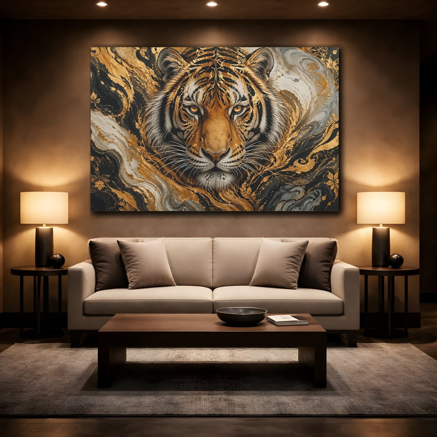 Mockup 2. Animals Tiger Head Black Gold Tiger shown as stretched canvas wall art