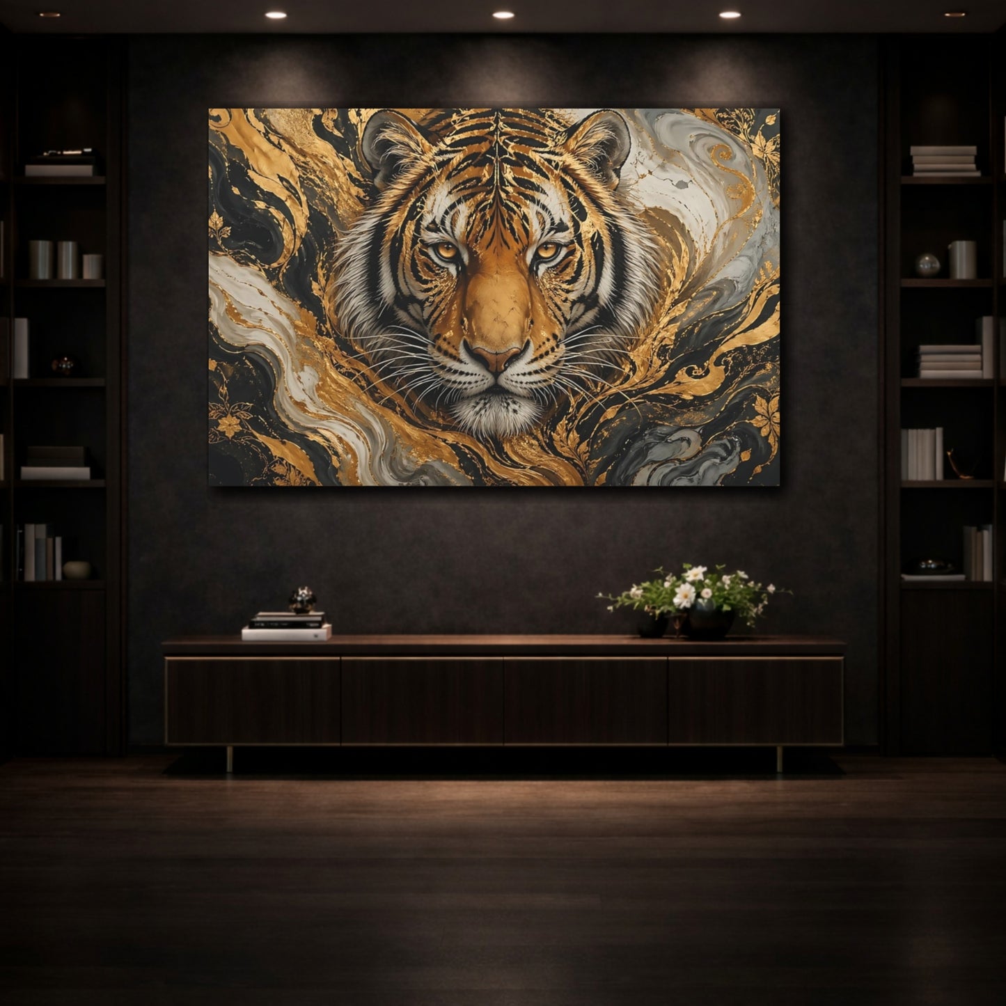Mockup 3. Animals Tiger Head Black Gold Tiger shown as stretched canvas wall art