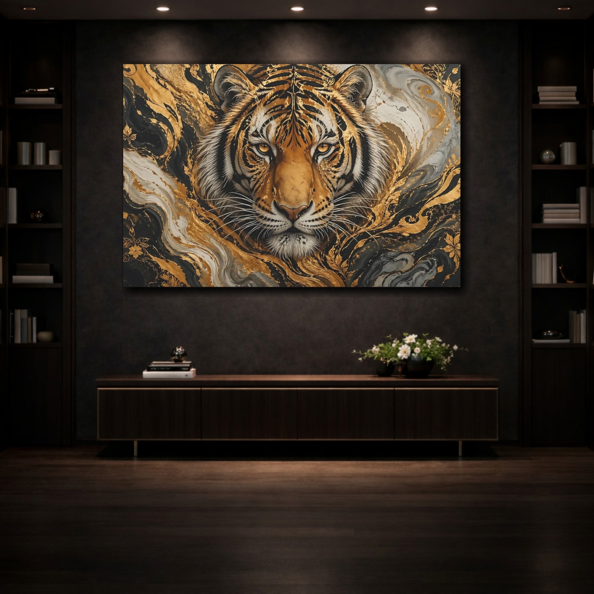 Mockup 3. Animals Tiger Head Black Gold Tiger shown as stretched canvas wall art