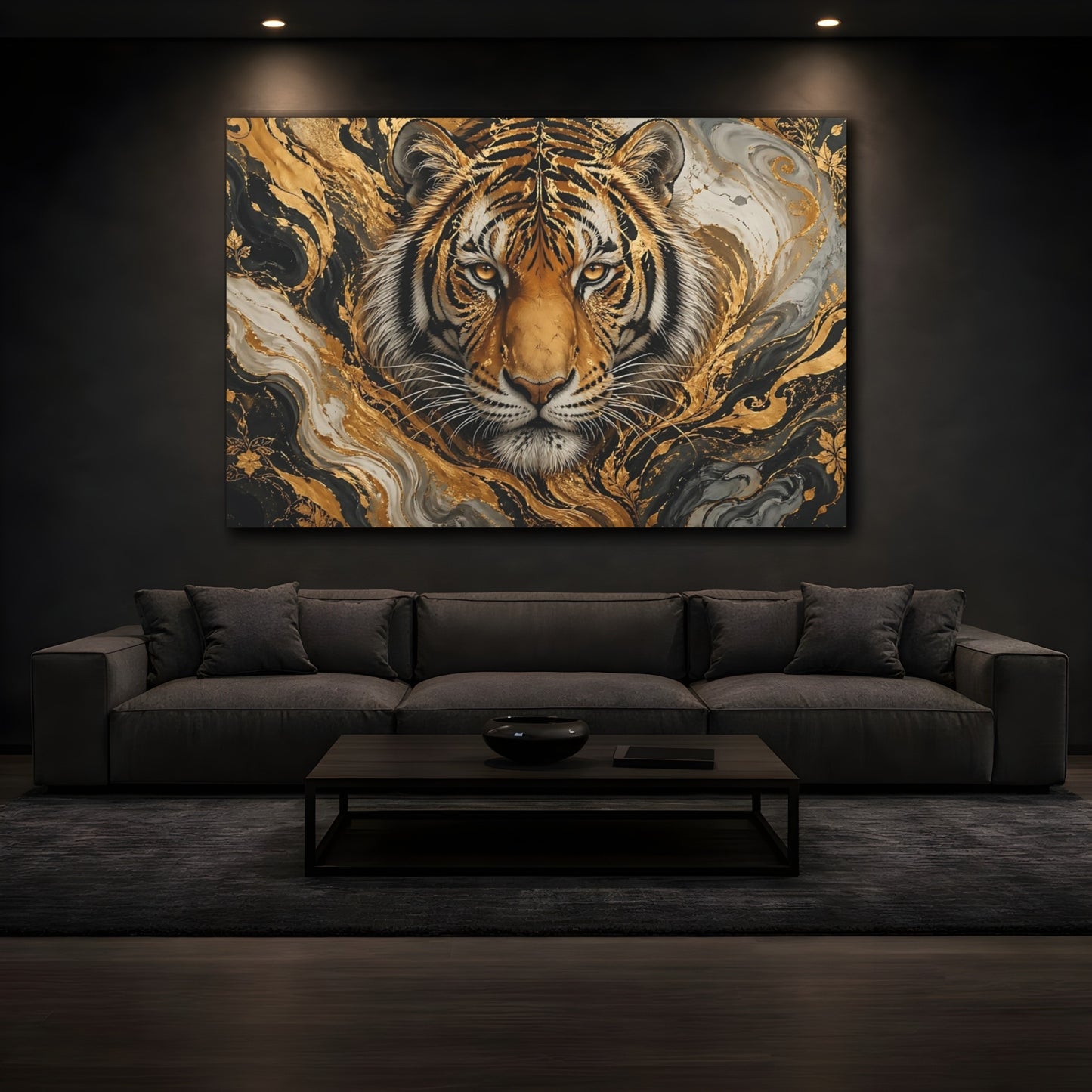 Mockup 4. Animals Tiger Head Black Gold Tiger shown as stretched canvas wall art