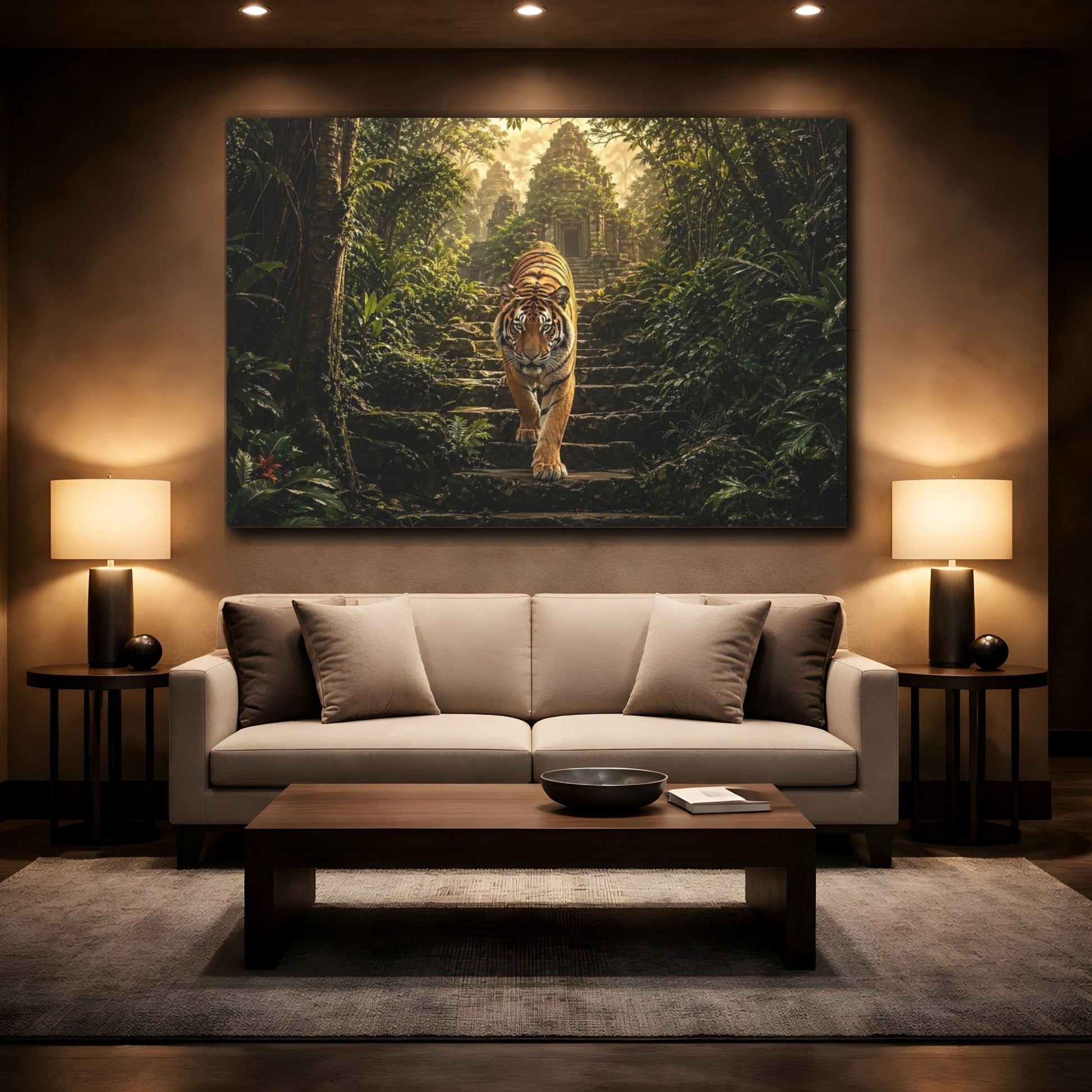 Mockup 2. Animals Tiger Jungle Tiger shown as stretched canvas wall art