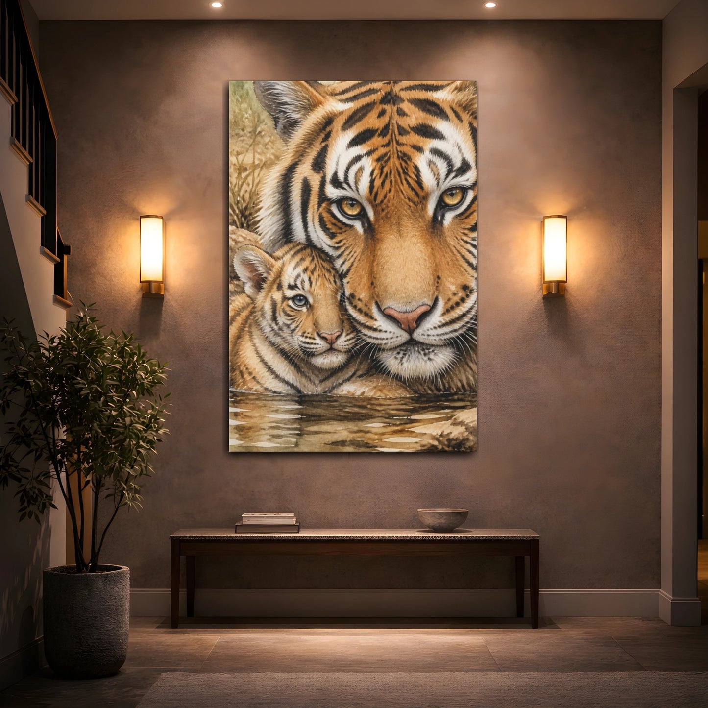 Mockup 2. Animals Tiger Mother And Cub shown as canvas print