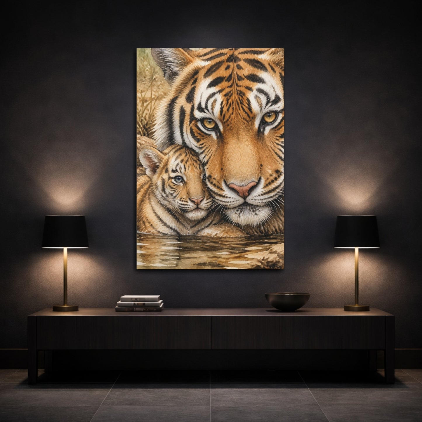 Mockup 3. Animals Tiger Mother And Cub shown as canvas print
