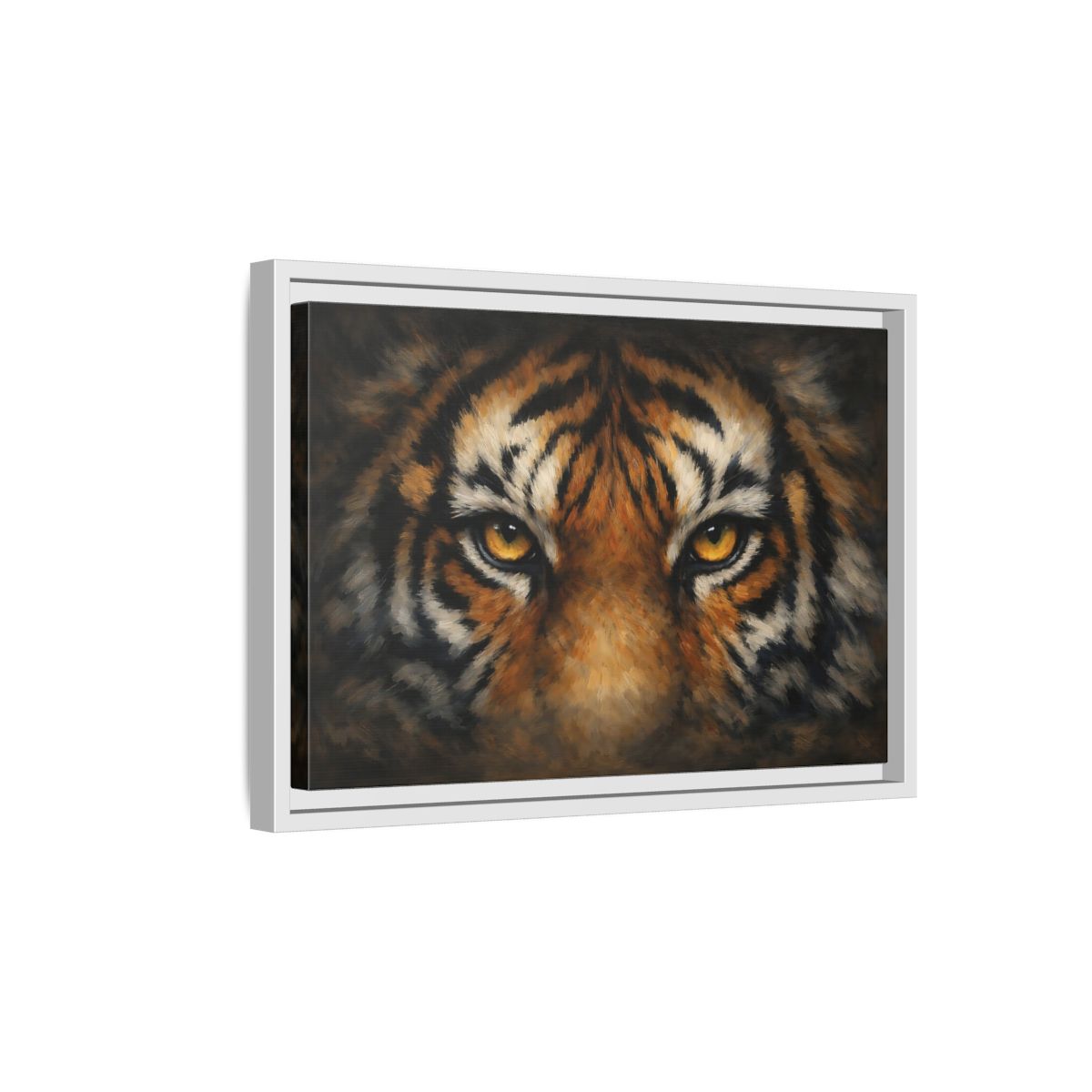 Side Mockup 4. Animals Tiger Orange Black Tiger shown as stretched canvas wall art