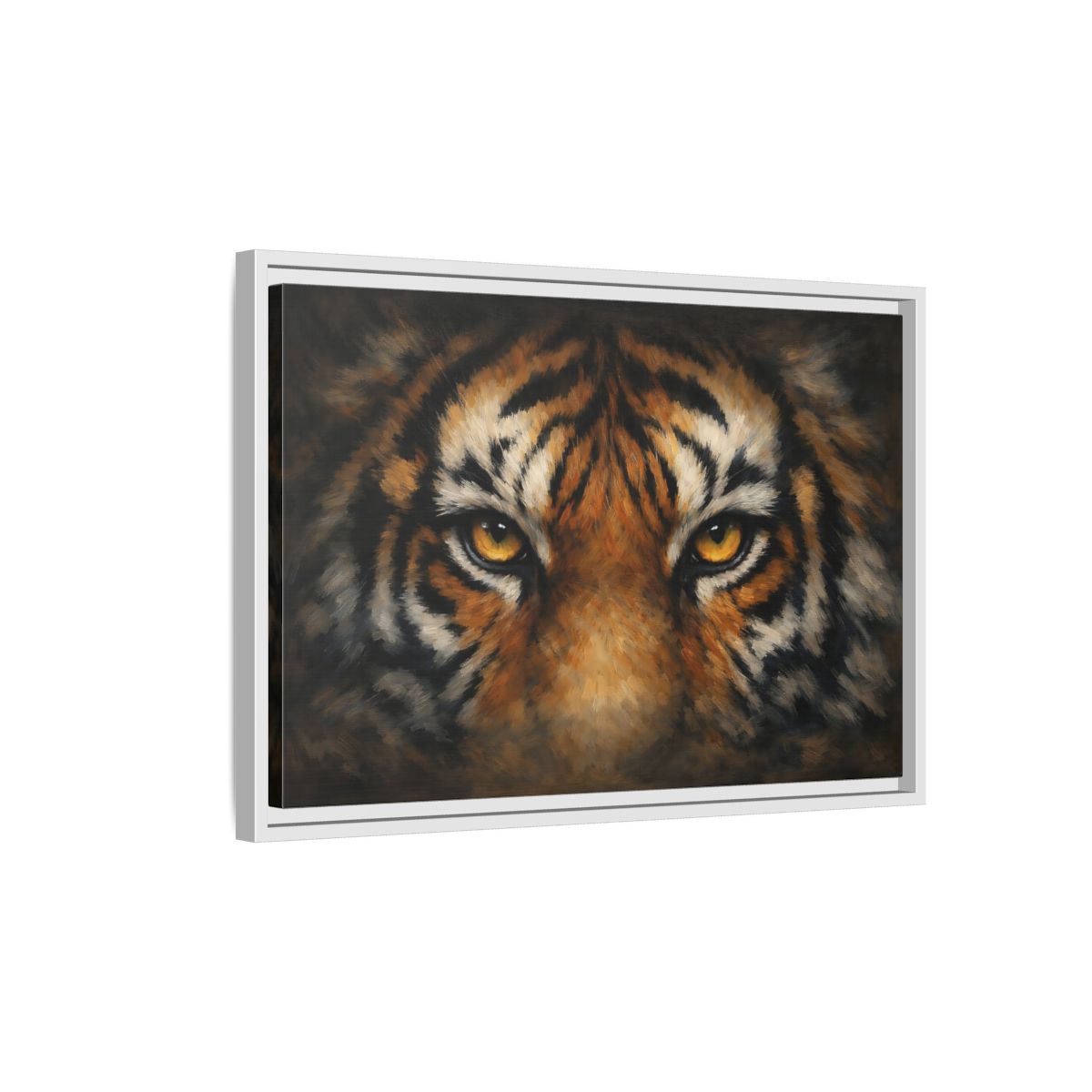 Side Mockup 1. Animals Tiger Orange Black Tiger shown as stretched canvas wall art