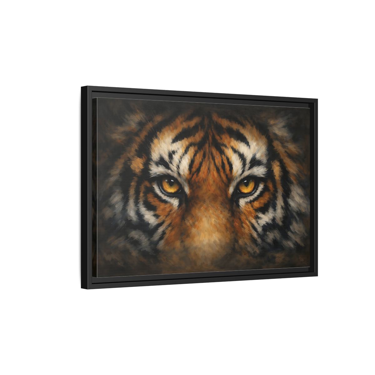 Side Mockup 3. Animals Tiger Orange Black Tiger shown as stretched canvas wall art
