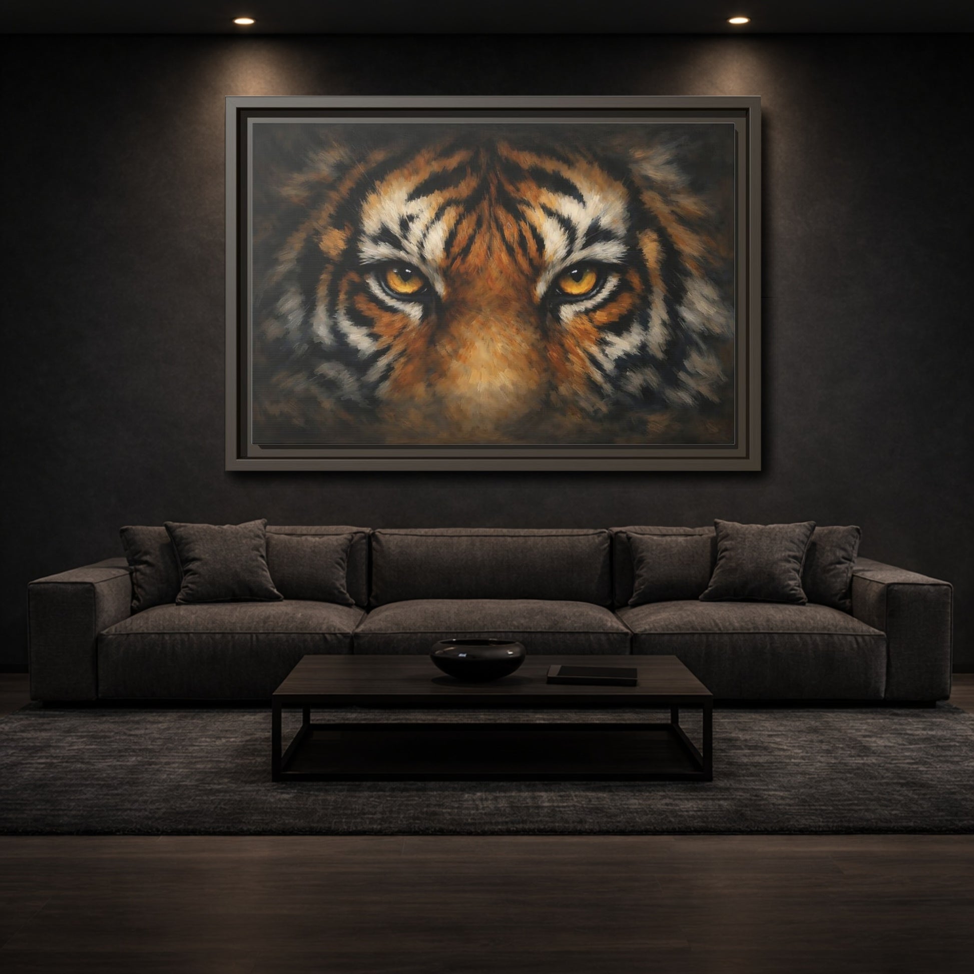 Mockup 2. Animals Tiger Orange Black Tiger shown as stretched canvas wall art