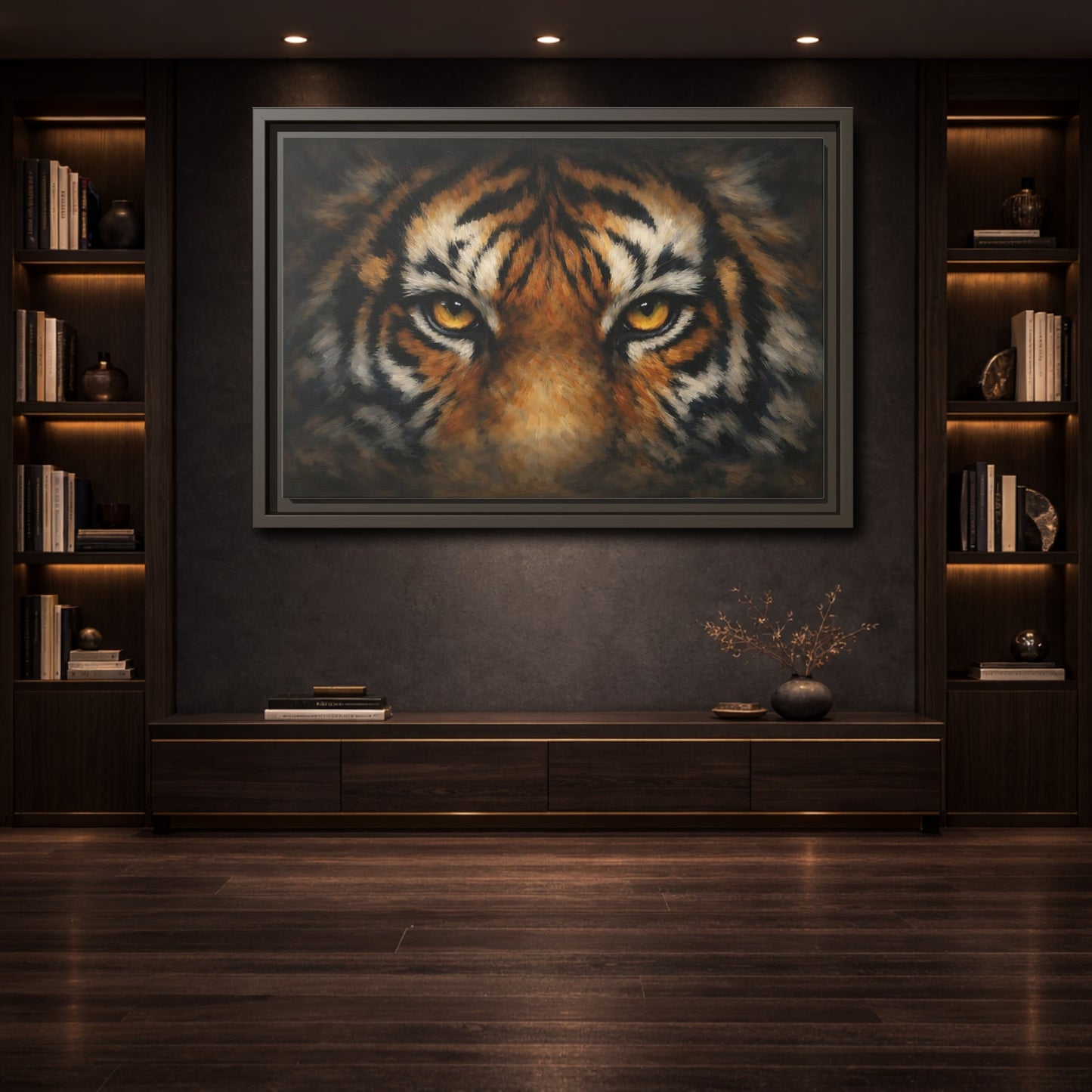 Mockup 3. Animals Tiger Orange Black Tiger shown as stretched canvas wall art